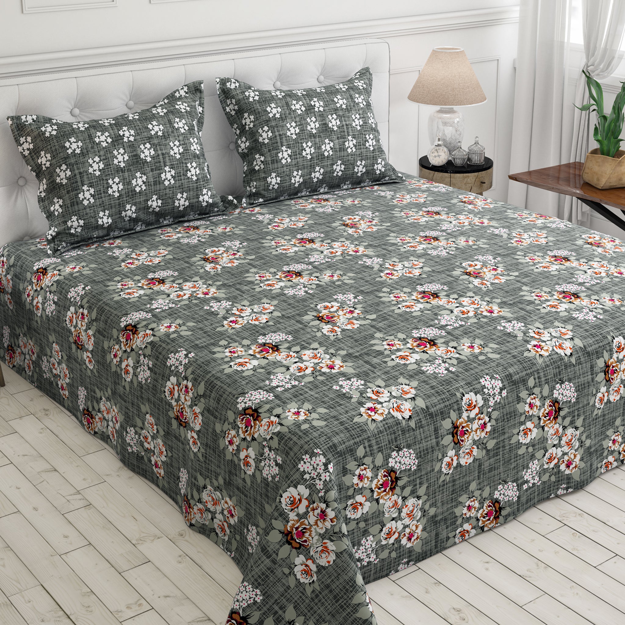 Xara Dark Grey Floral Bed Sheet Set - 7715-7716