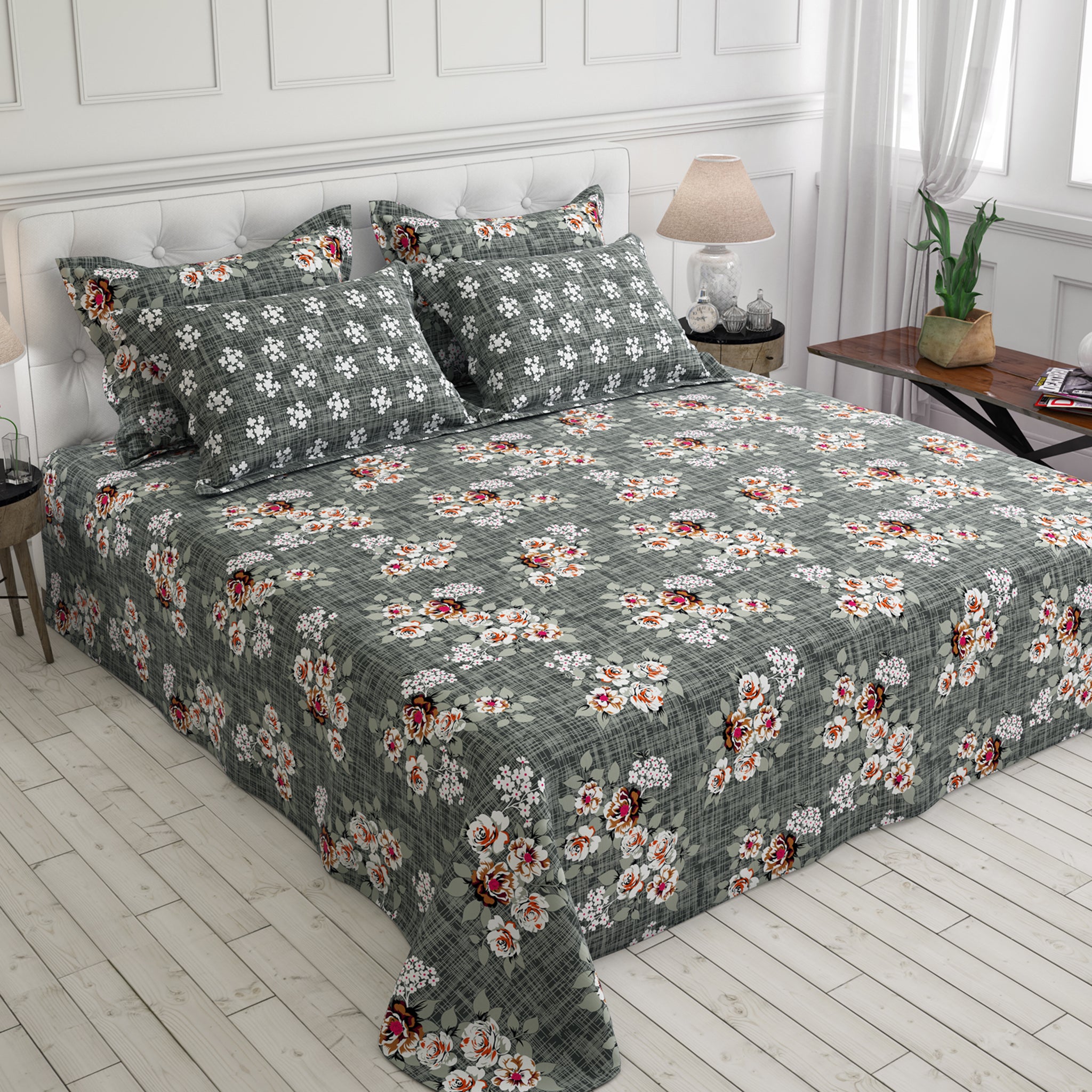 Xara Dark Grey Floral Bed Sheet Set - 7715-7716