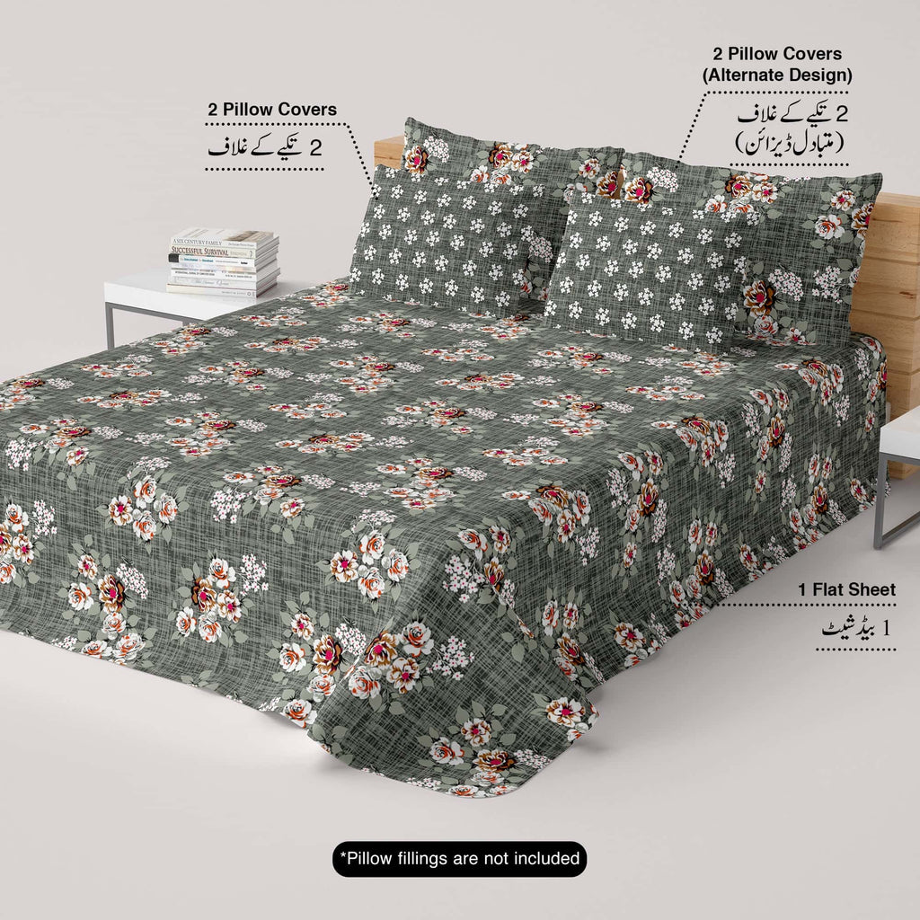 Xara Dark Grey Floral Bed Sheet Set - 7715-7716