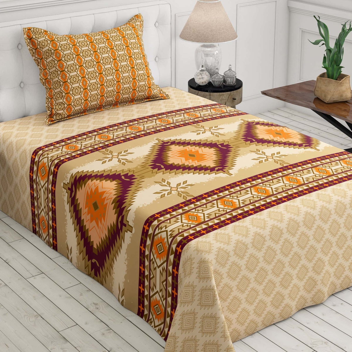 Xara Beige Geometric Grid Bed Sheet Set with Striped Pillows - 7730-7731 Main image