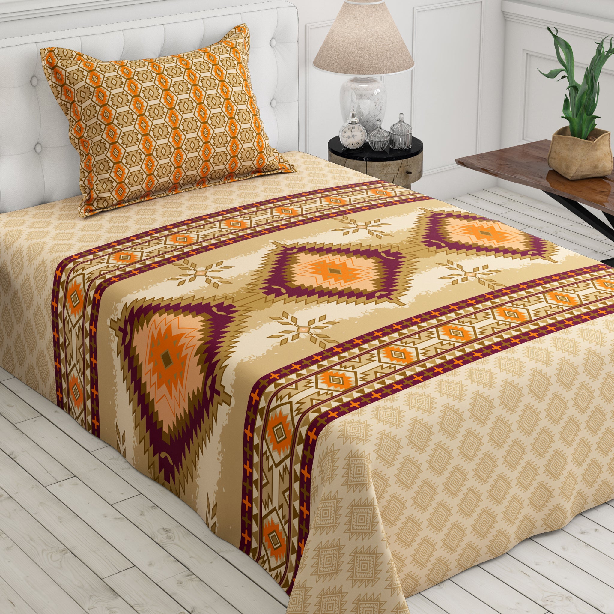 Xara Beige Geometric Grid Bed Sheet Set with Striped Pillows - 7730-7731