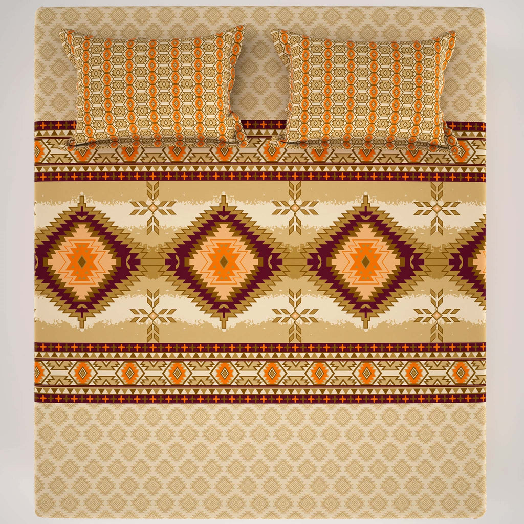 Xara Beige Geometric Grid Bed Sheet Set with Striped Pillows - 7730-7731