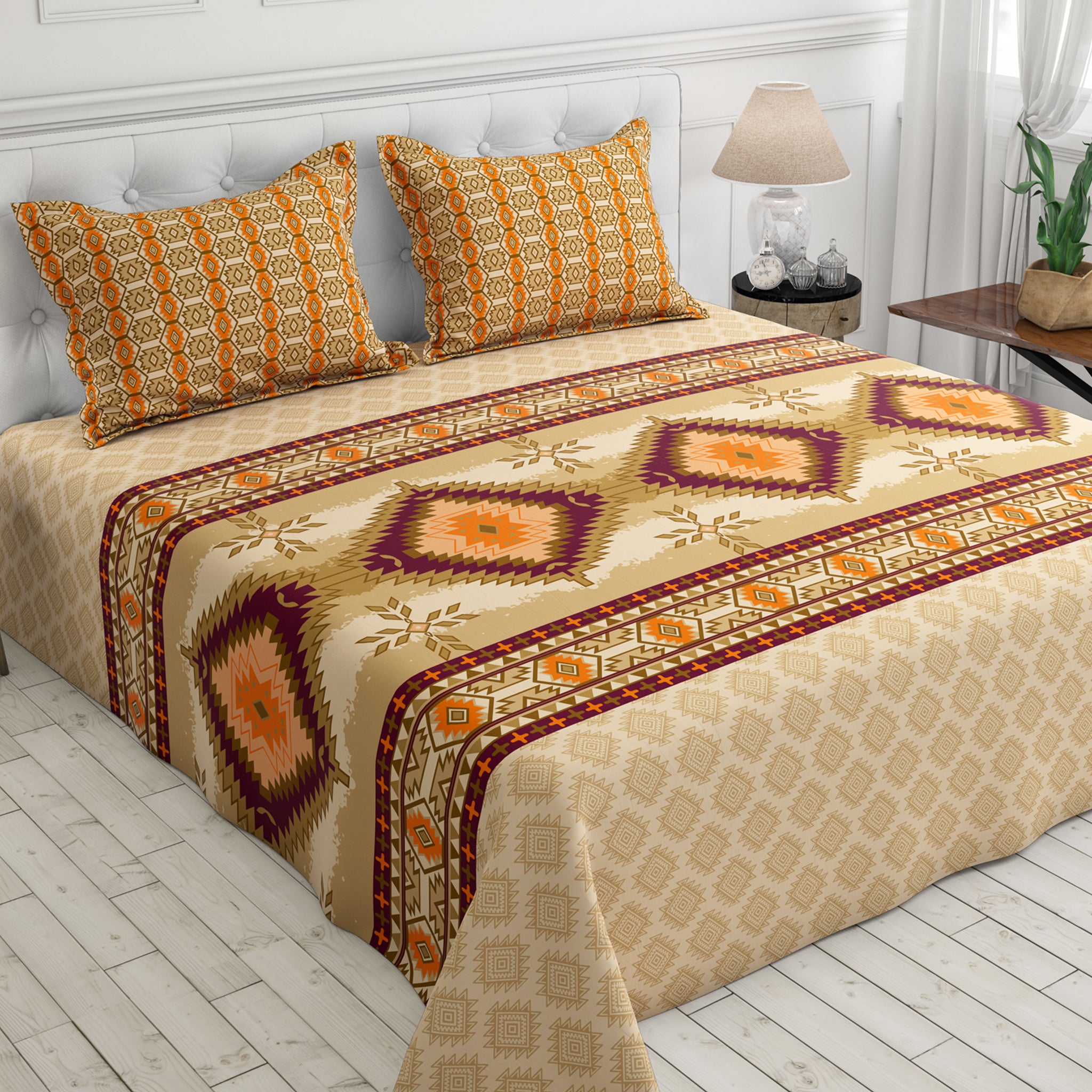 Xara Beige Geometric Grid Bed Sheet Set with Striped Pillows - 7730-7731