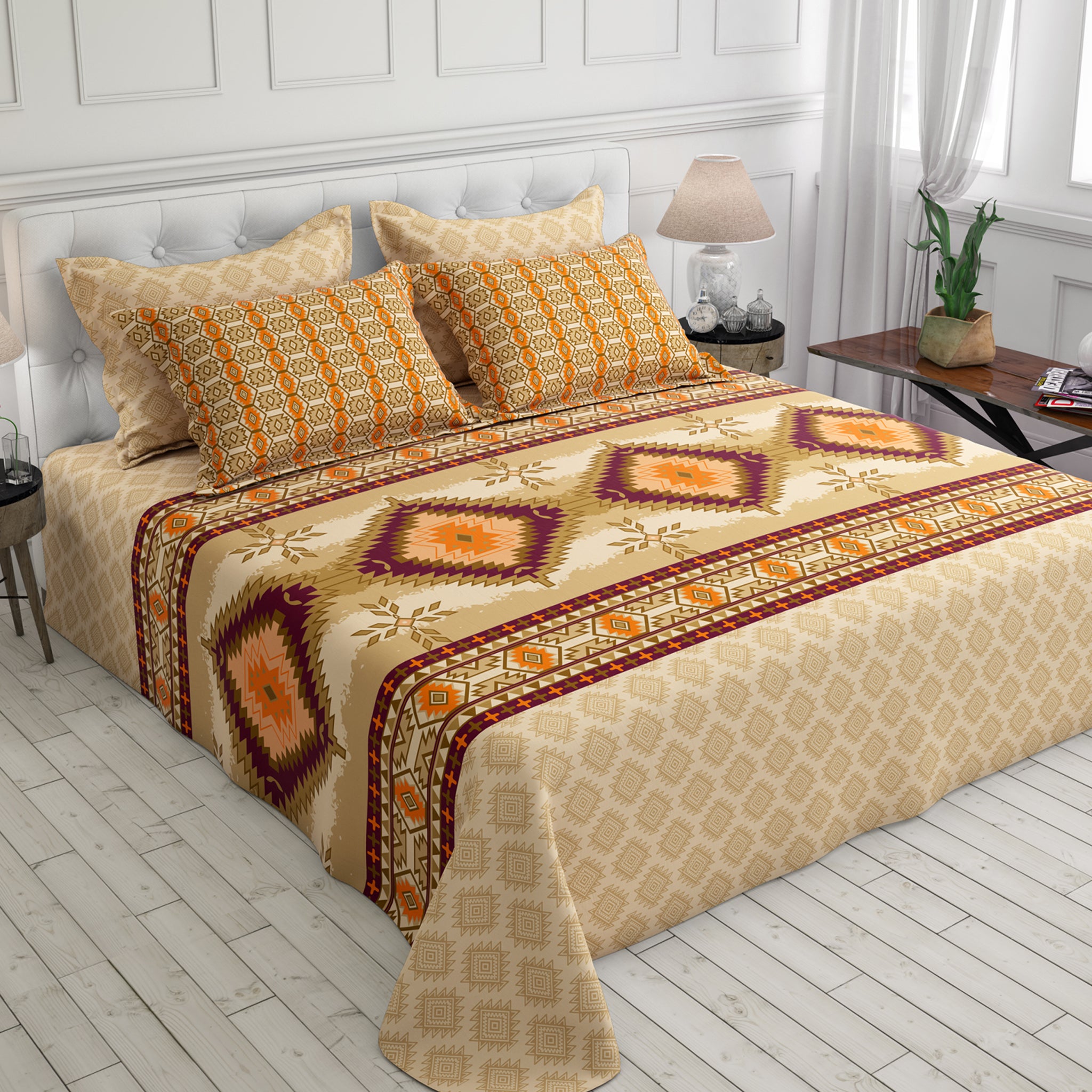 Xara Beige Geometric Grid Bed Sheet Set with Striped Pillows - 7730-7731