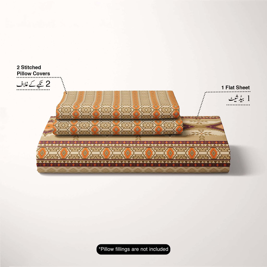 Xara Beige Geometric Grid Bed Sheet Set with Striped Pillows - 7730-7731