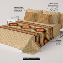 Xara Beige Geometric Grid Bed Sheet Set with Striped Pillows - 7730-7731