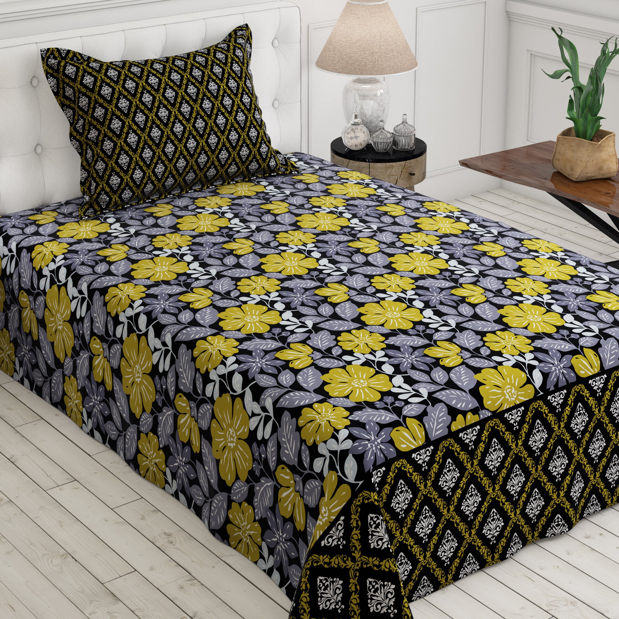 Xara Black Floral Geometric Bed Sheet Set - 7734-7735