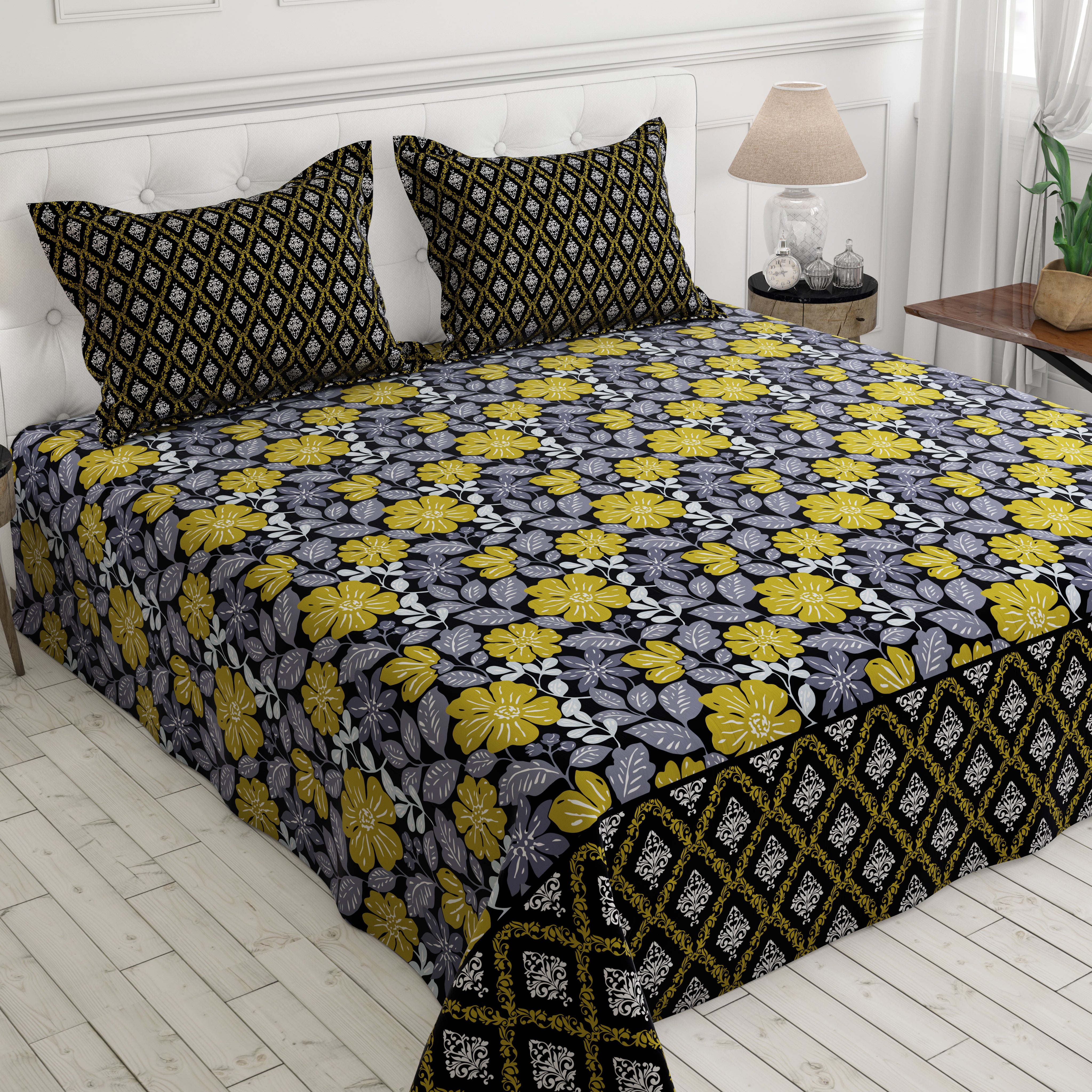 Xara Black Floral Geometric Bed Sheet Set - 7734-7735