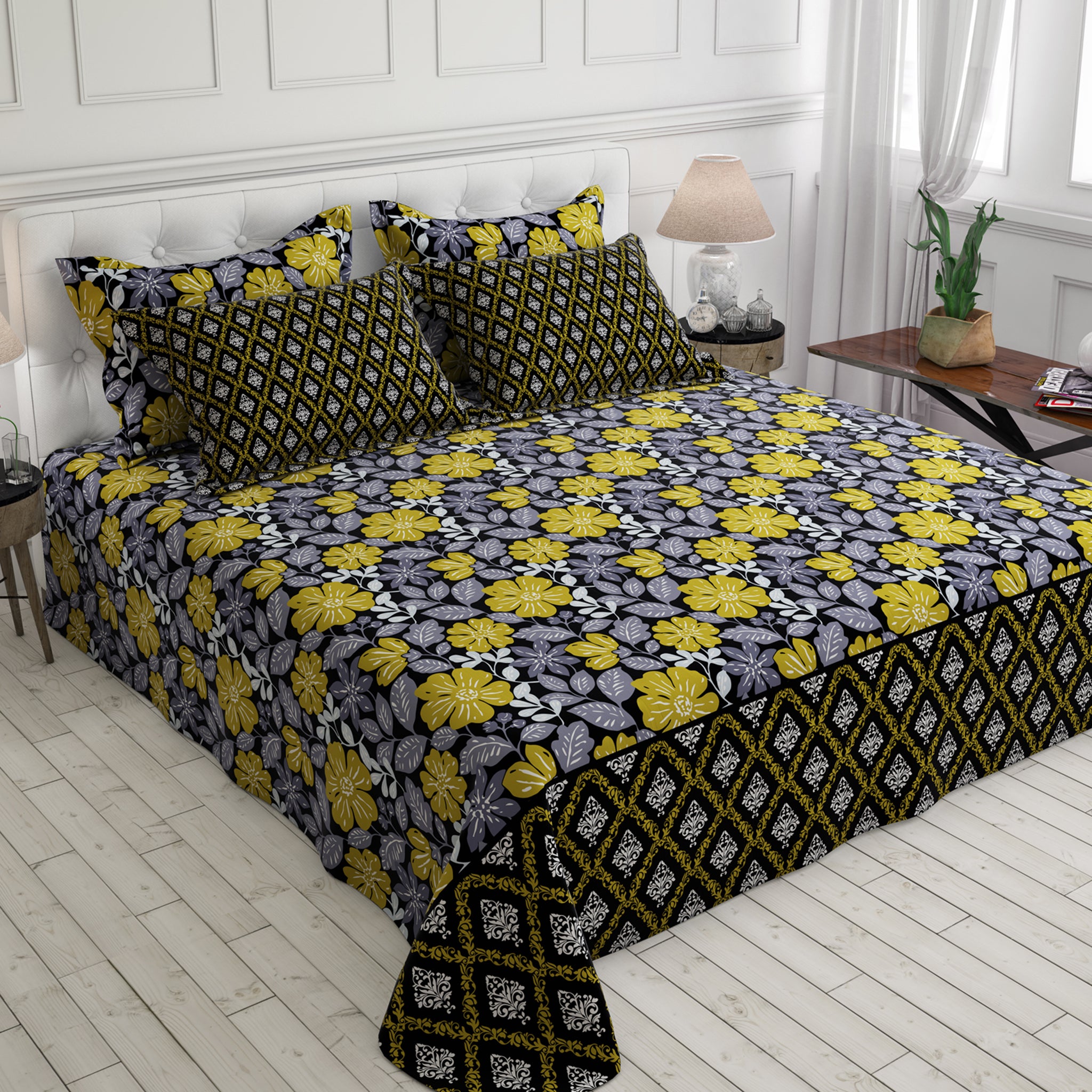 Xara Black Floral Geometric Bed Sheet Set - 7734-7735