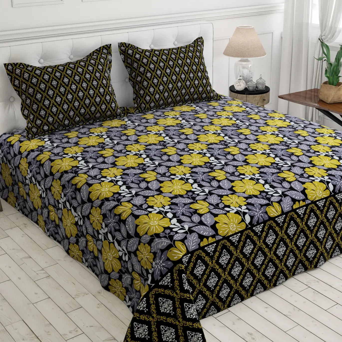 Xara Black Floral Geometric Bed Sheet Set - 7734-7735
