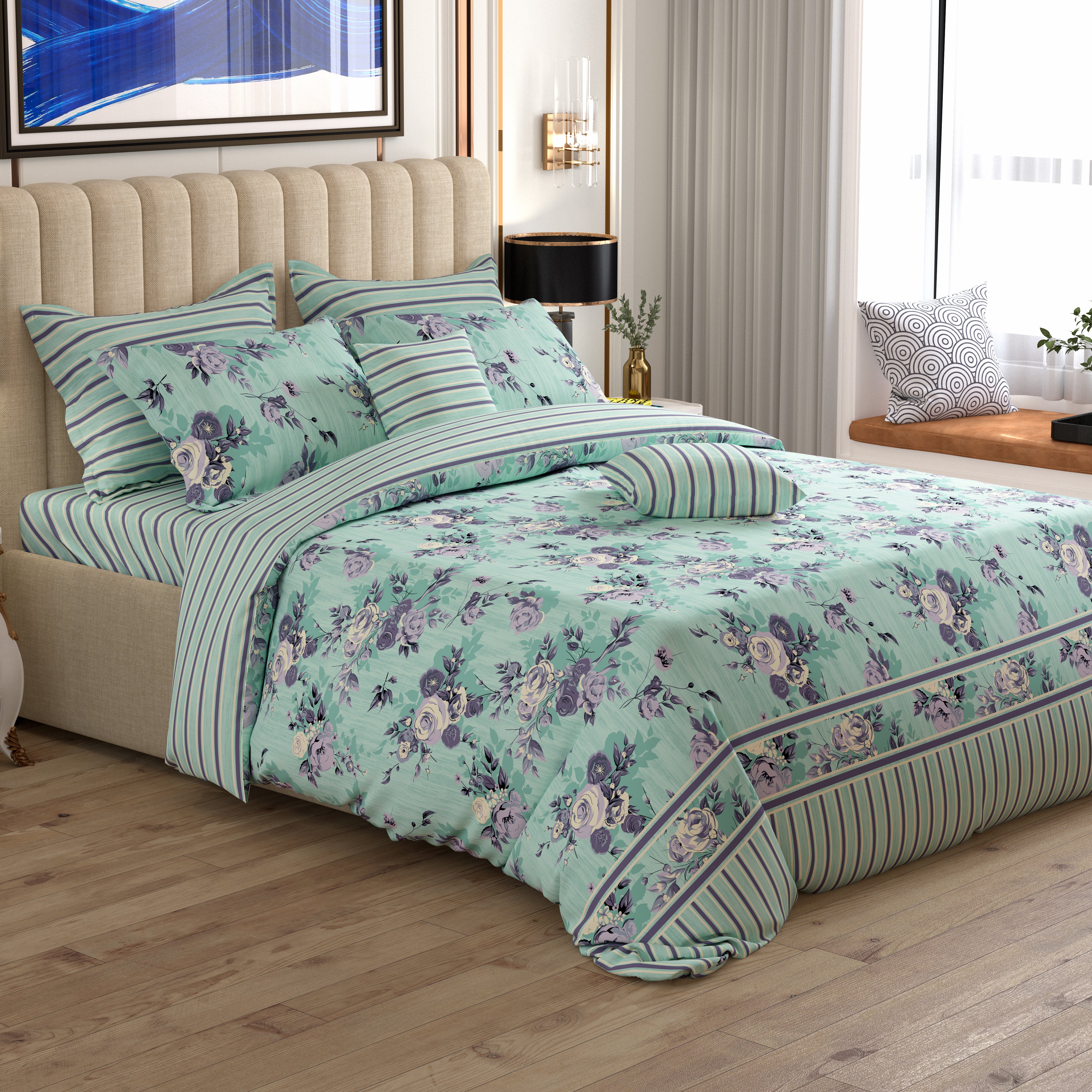 Xara Light Green Floral Quilt Cover Set - 7741