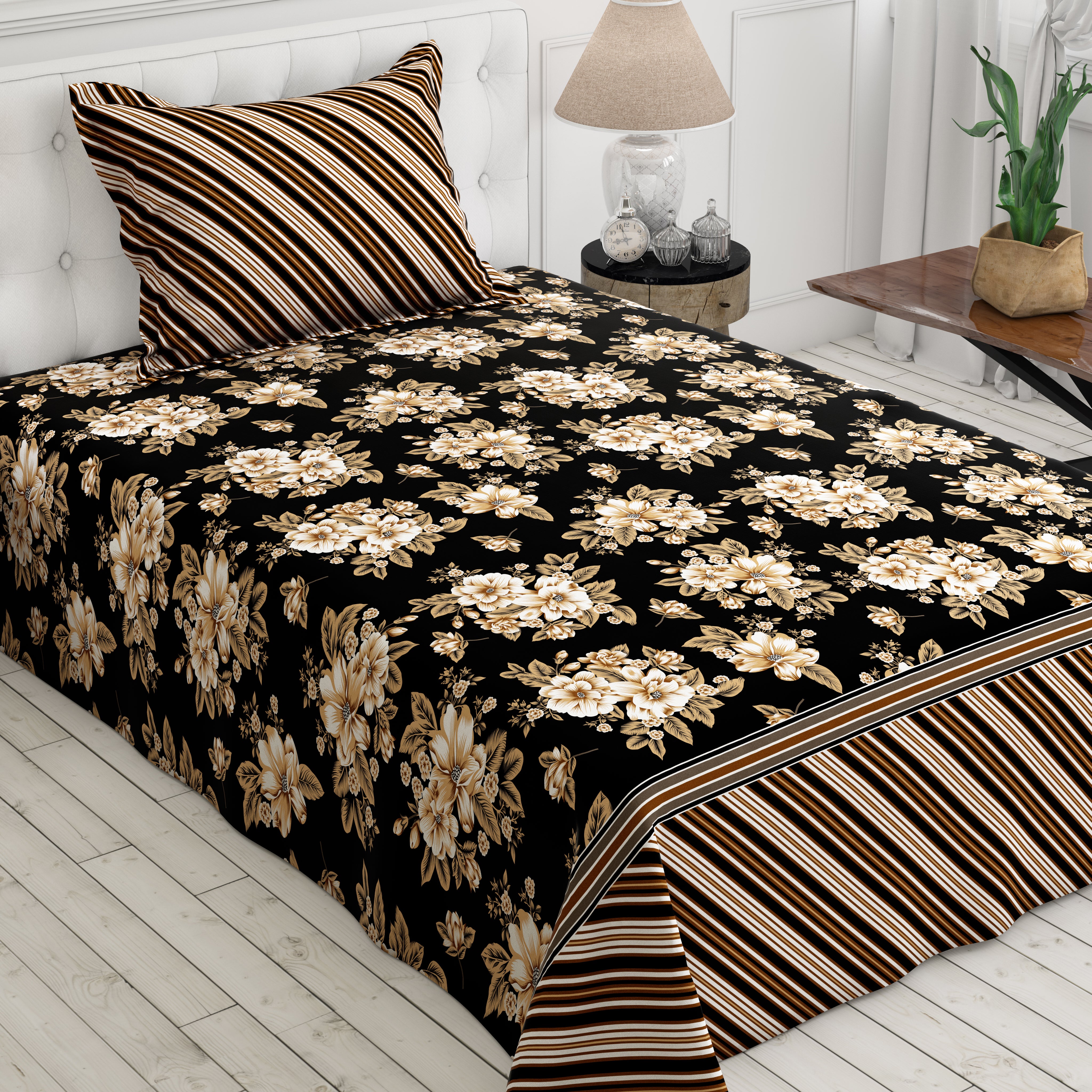 Xara Floral & Stripe Bed Sheet Set Black/Brown - 7993-7994