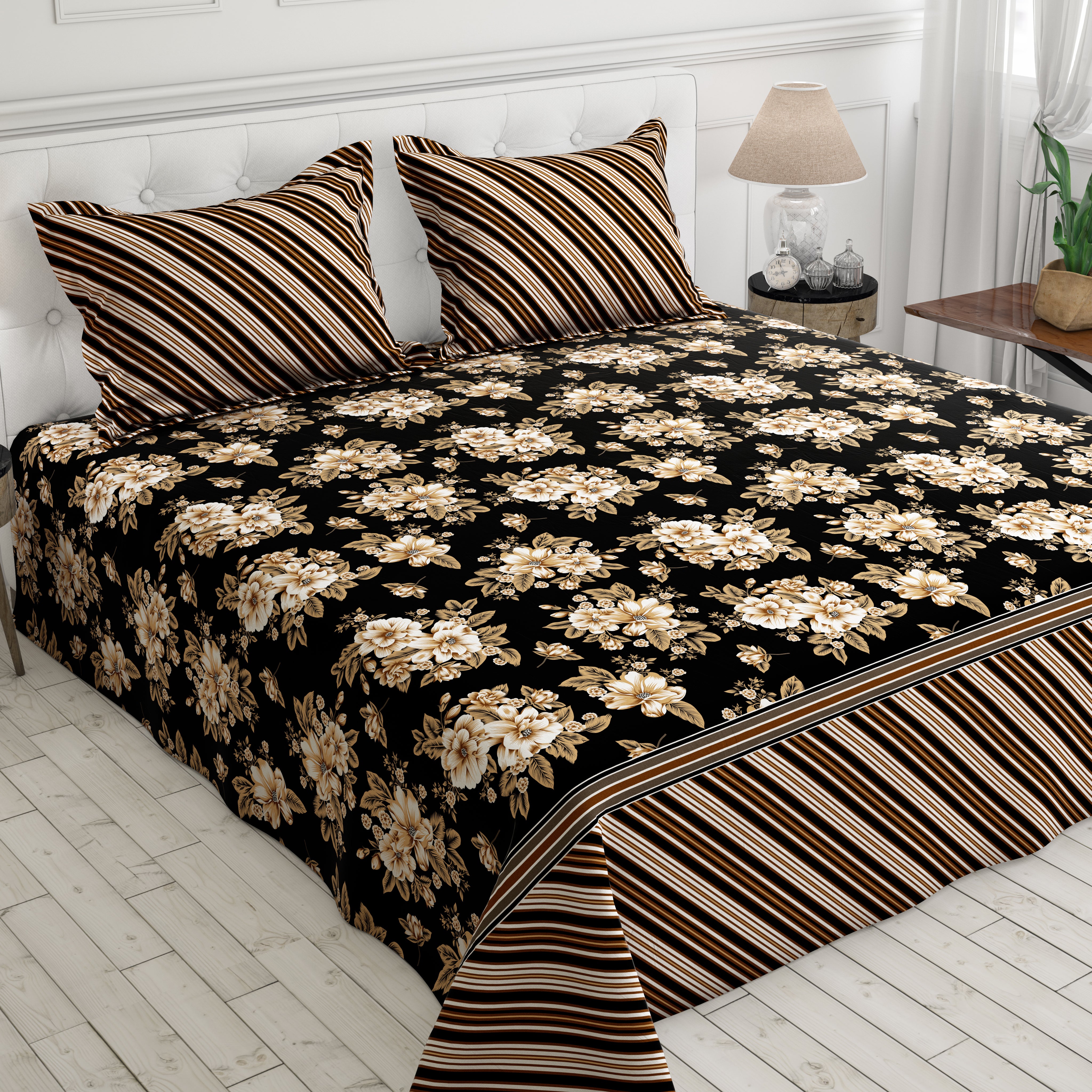 Xara Floral & Stripe Bed Sheet Set Black/Brown - 7993-7994