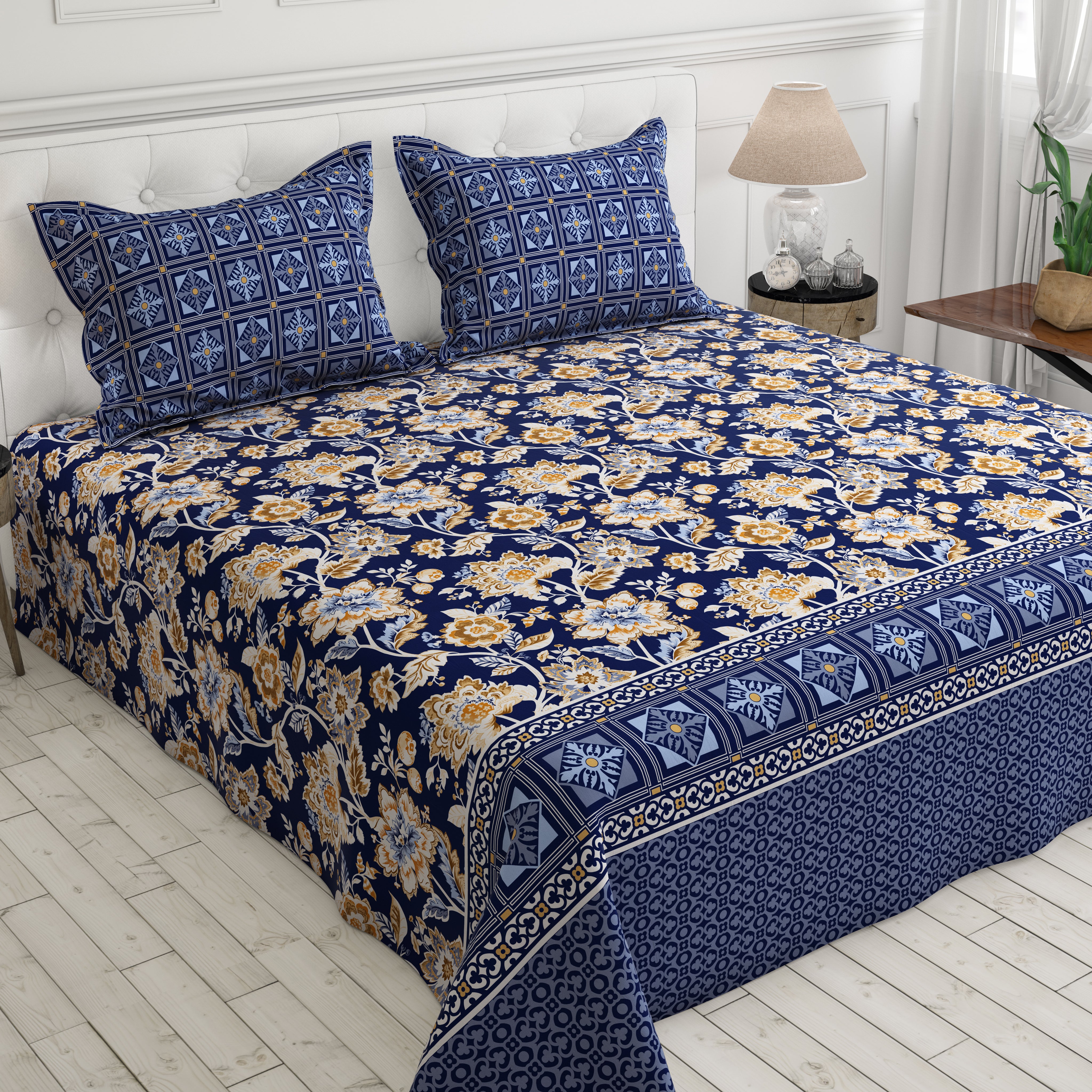 Xara Blue Floral and Geometric Bed Sheet Set - 7996-7997