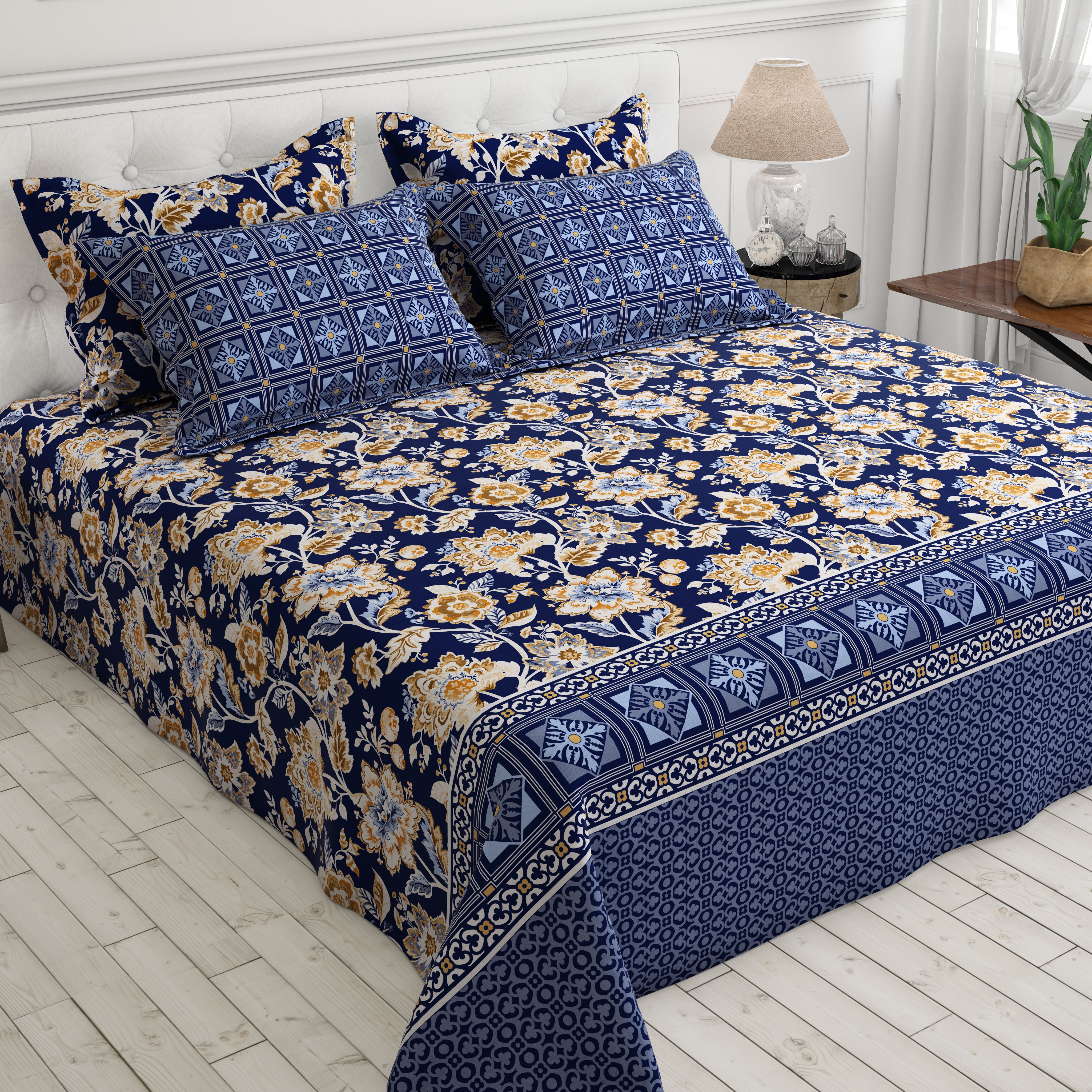 Xara Blue Floral and Geometric Bed Sheet Set - 7996-7997