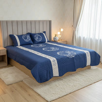 Navy Blue Embroidered Quilted Cotton Bed Sheet Set