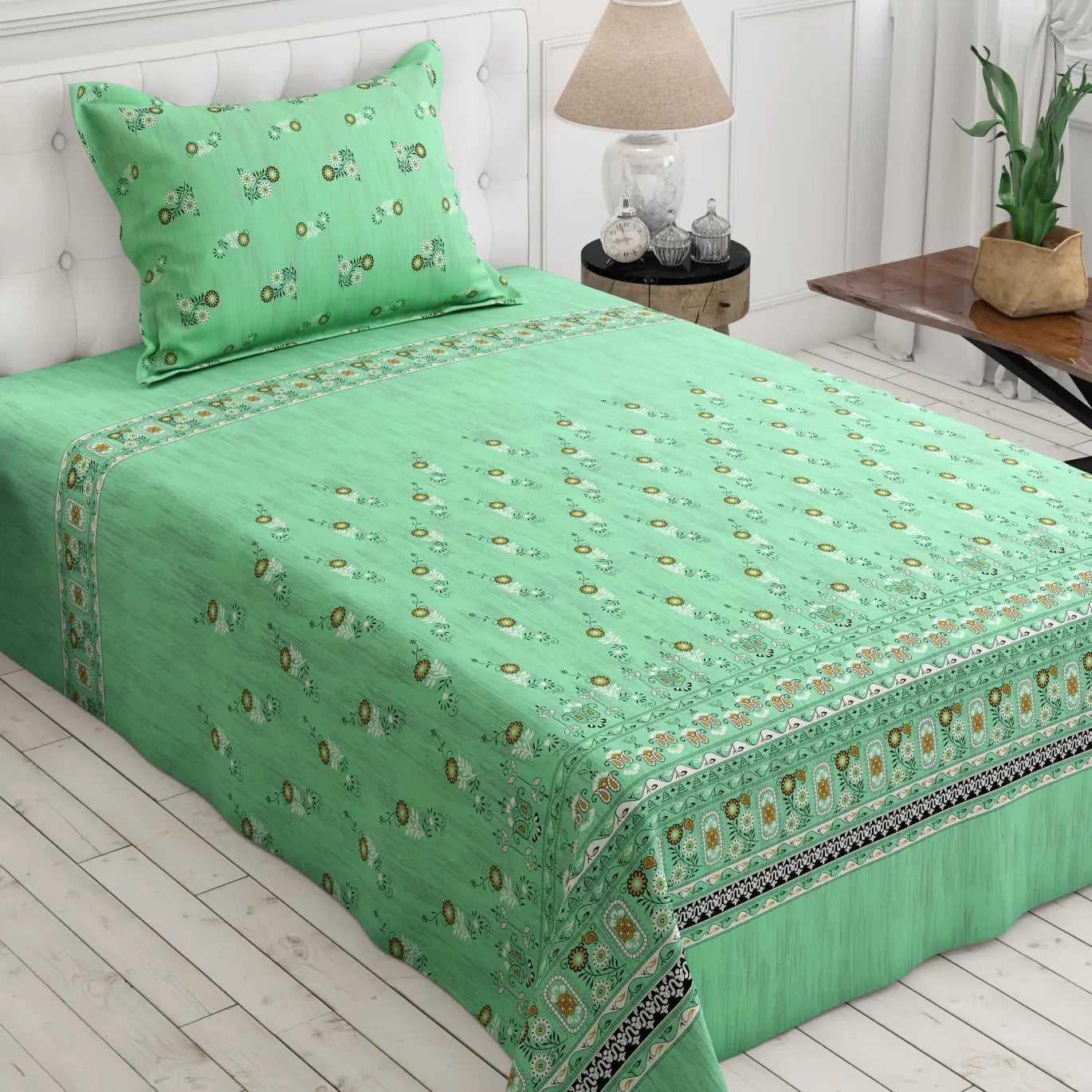 Xara Green Floral Stripe Border Bed Sheet Set - 8019-8020