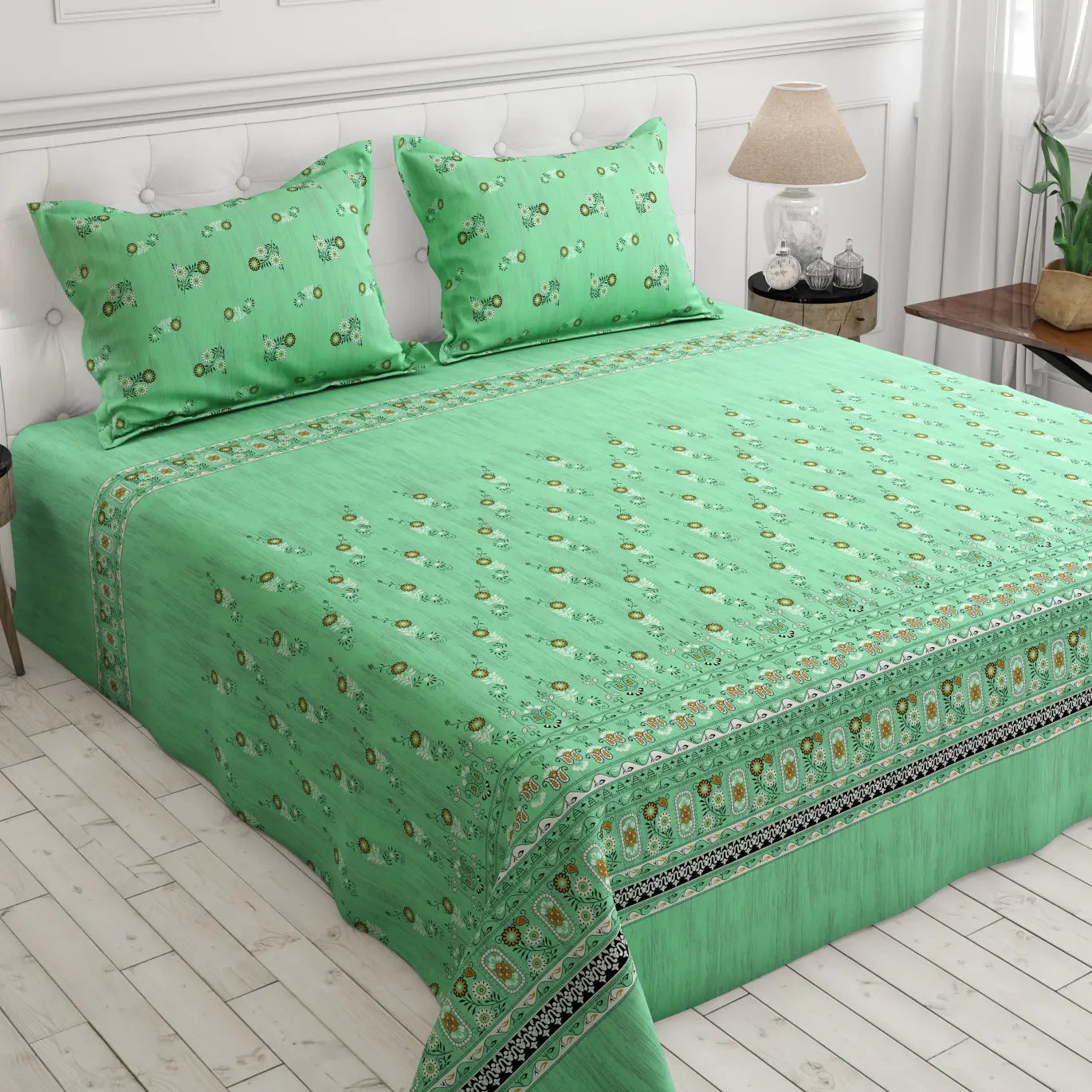 Xara Green Floral Stripe Border Bed Sheet Set - 8019-8020