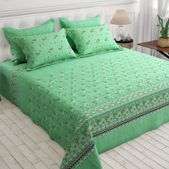 Xara Green Floral Stripe Border Bed Sheet Set - 8019-8020