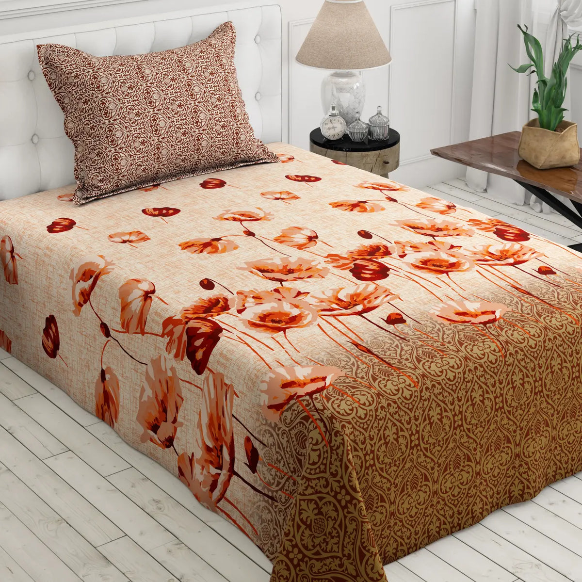 Xara Peach Floral Bed Sheet Set - 8028-8029