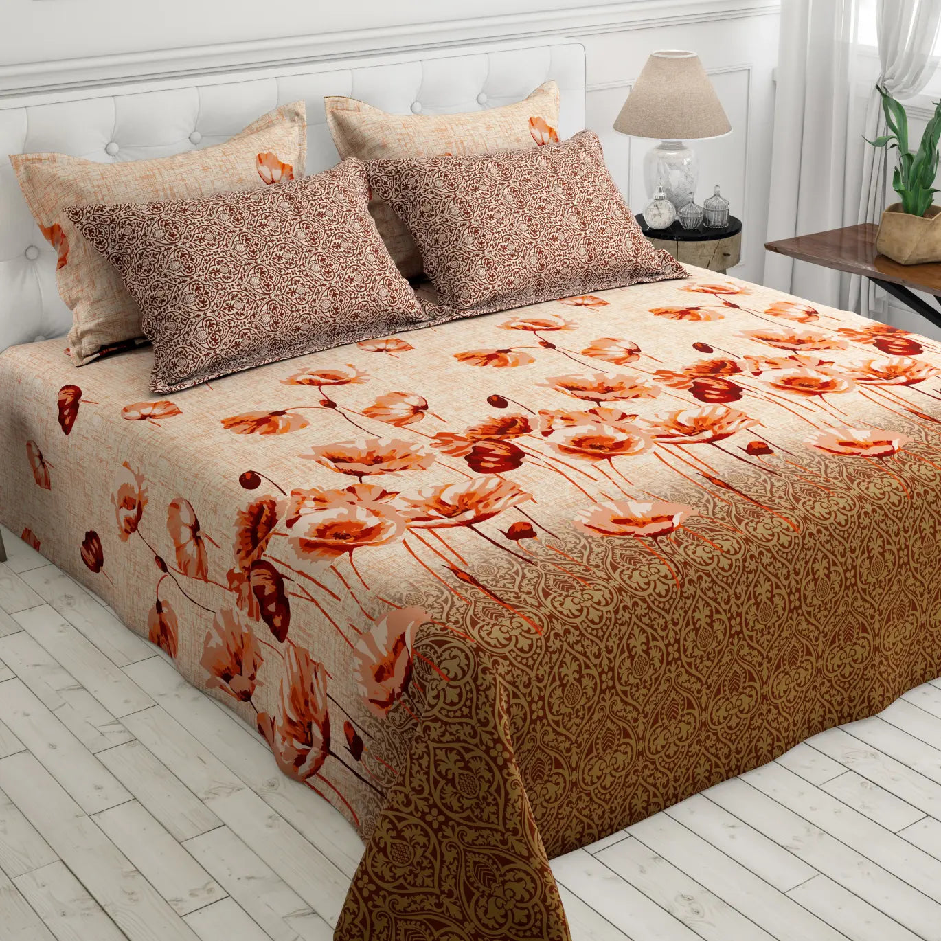 Xara Peach Floral Bed Sheet Set - 8028-8029