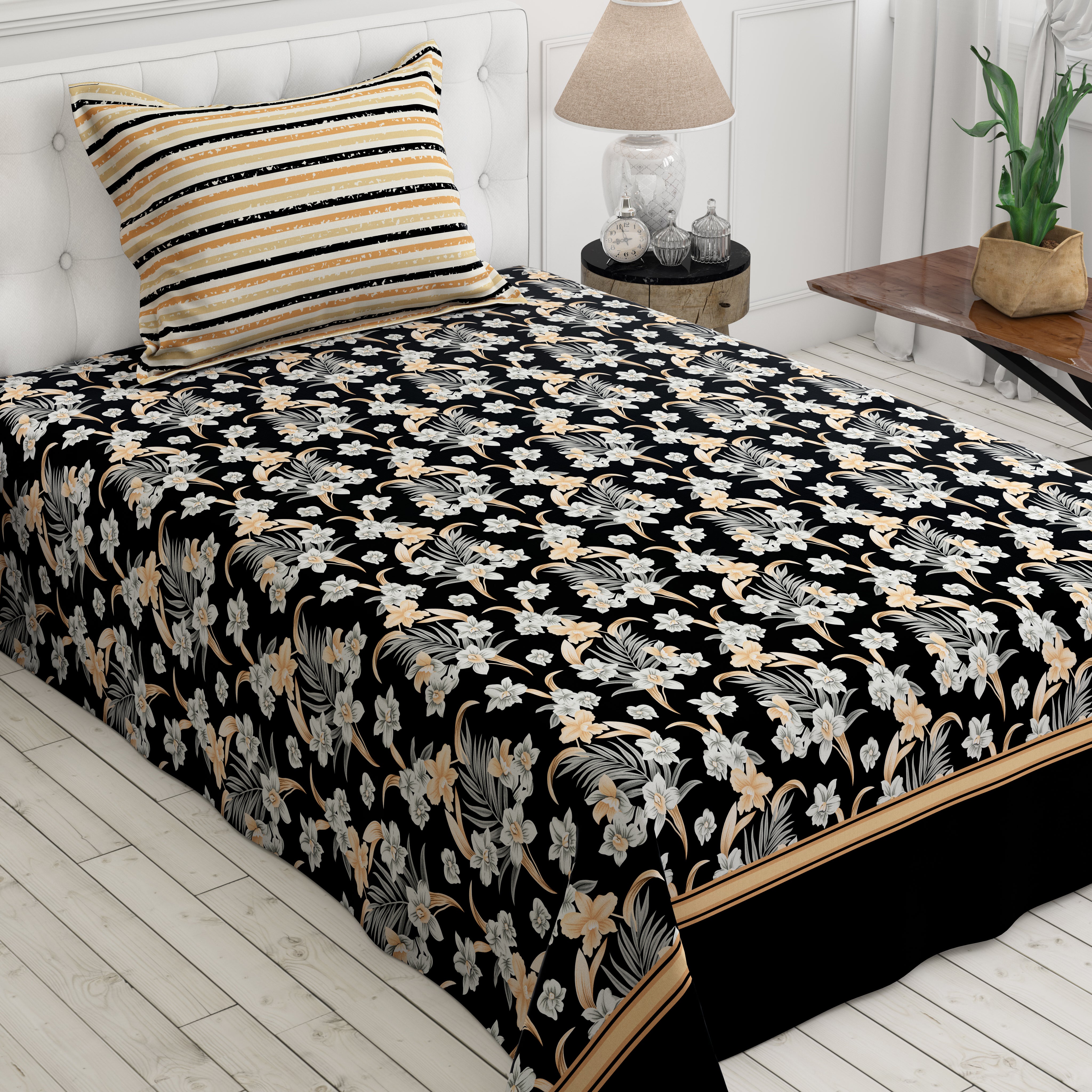 Xara Black Floral Stripe Bed Sheet Set - 8032-8033