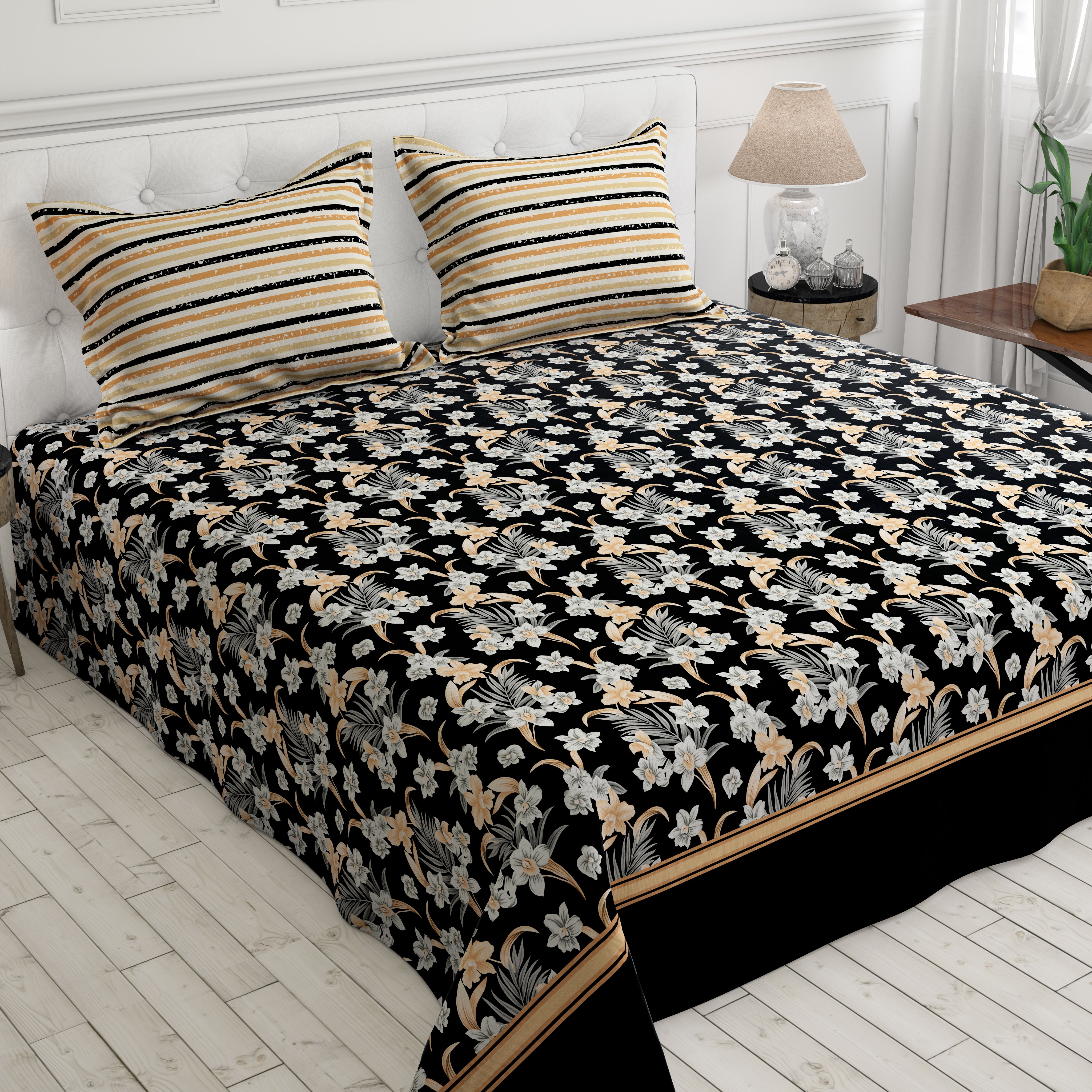 Xara Black Floral Stripe Bed Sheet Set - 8032-8033