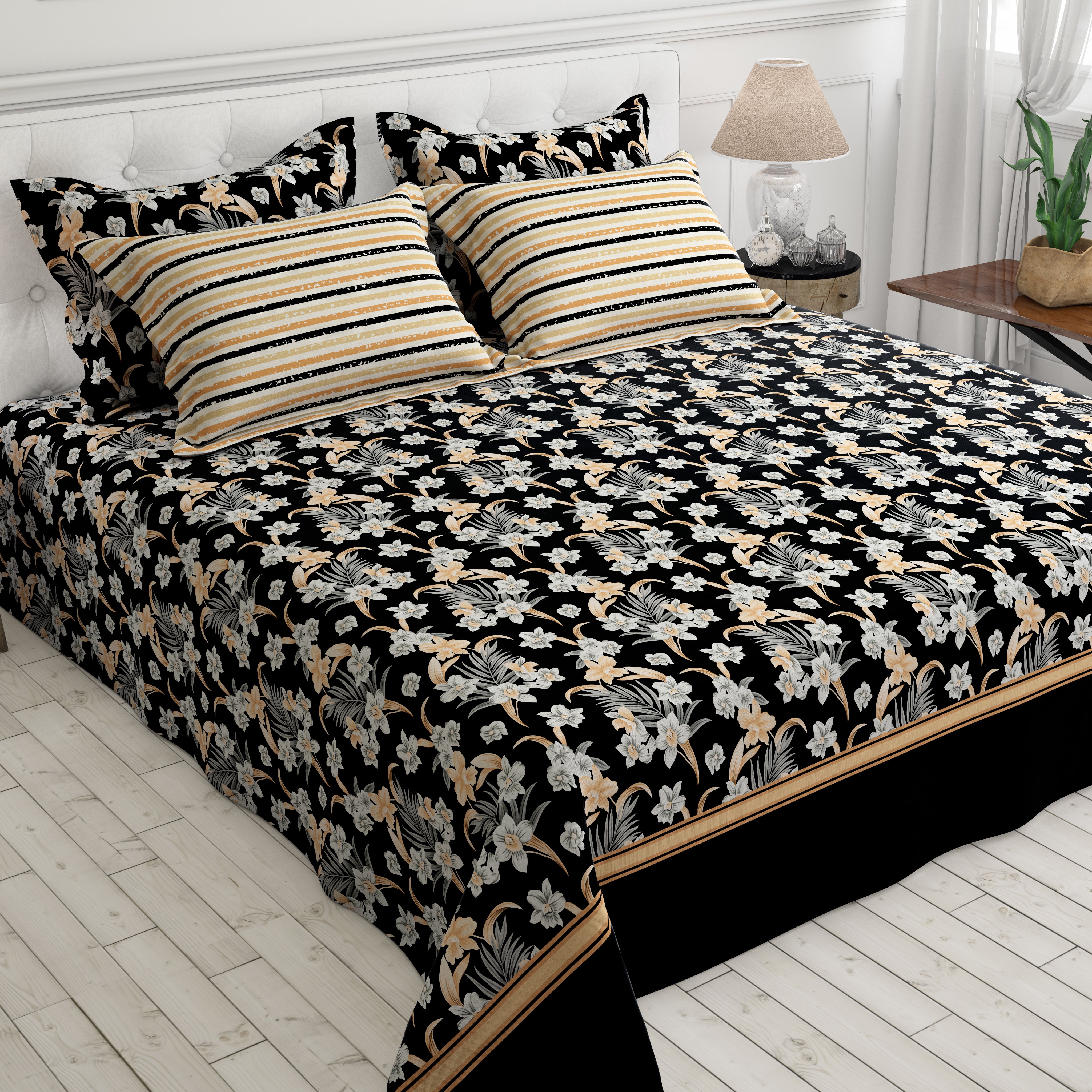 Xara Black Floral Stripe Bed Sheet Set - 8032-8033