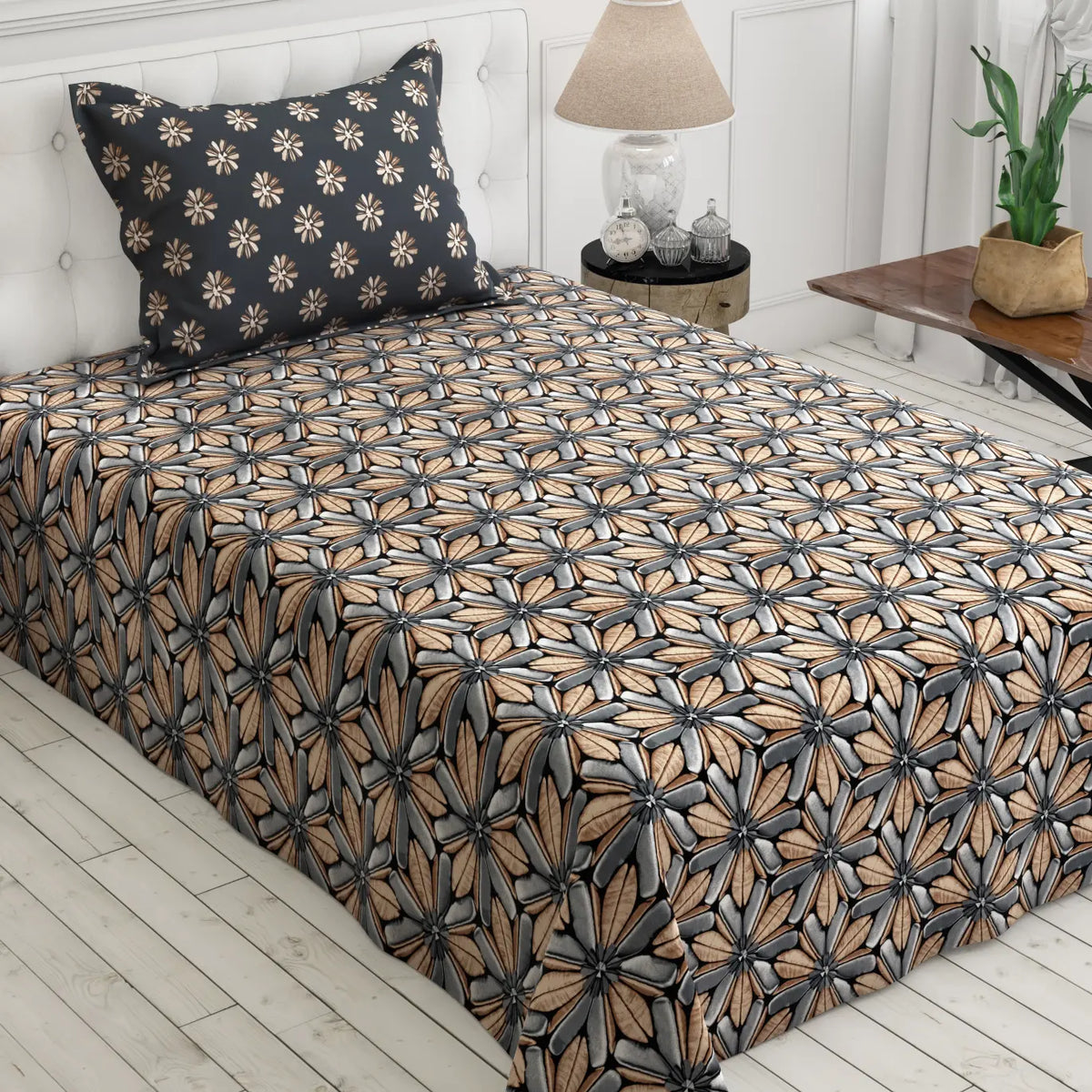 Xara Brown/Grey Geometric Flower Snowflake Bed Sheet Set - 8041-8056