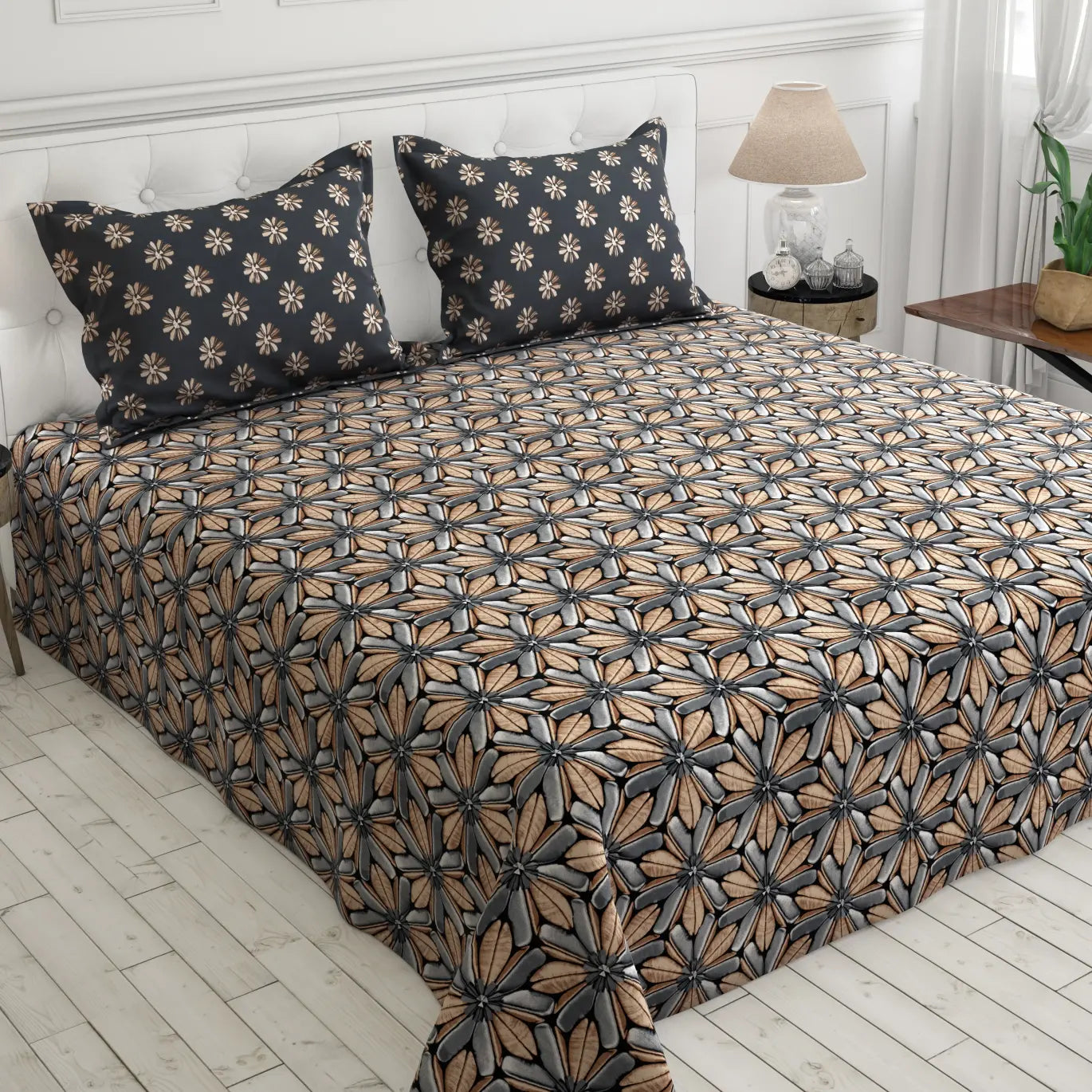 Xara Brown/Grey Geometric Flower Snowflake Bed Sheet Set - 8041-8056