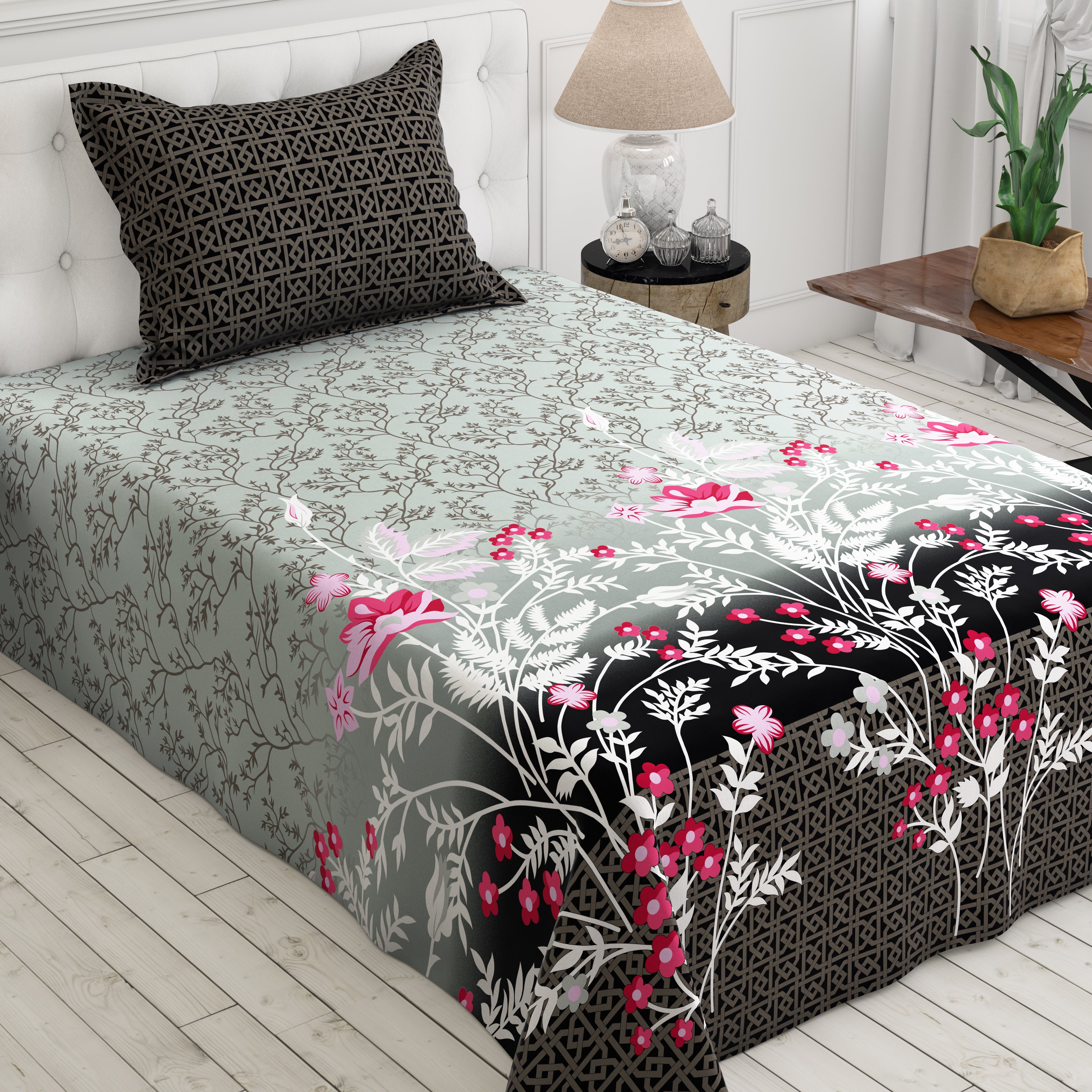 Xara Grey/Black Floral Geometric Bed Sheet Set - 8046-8047