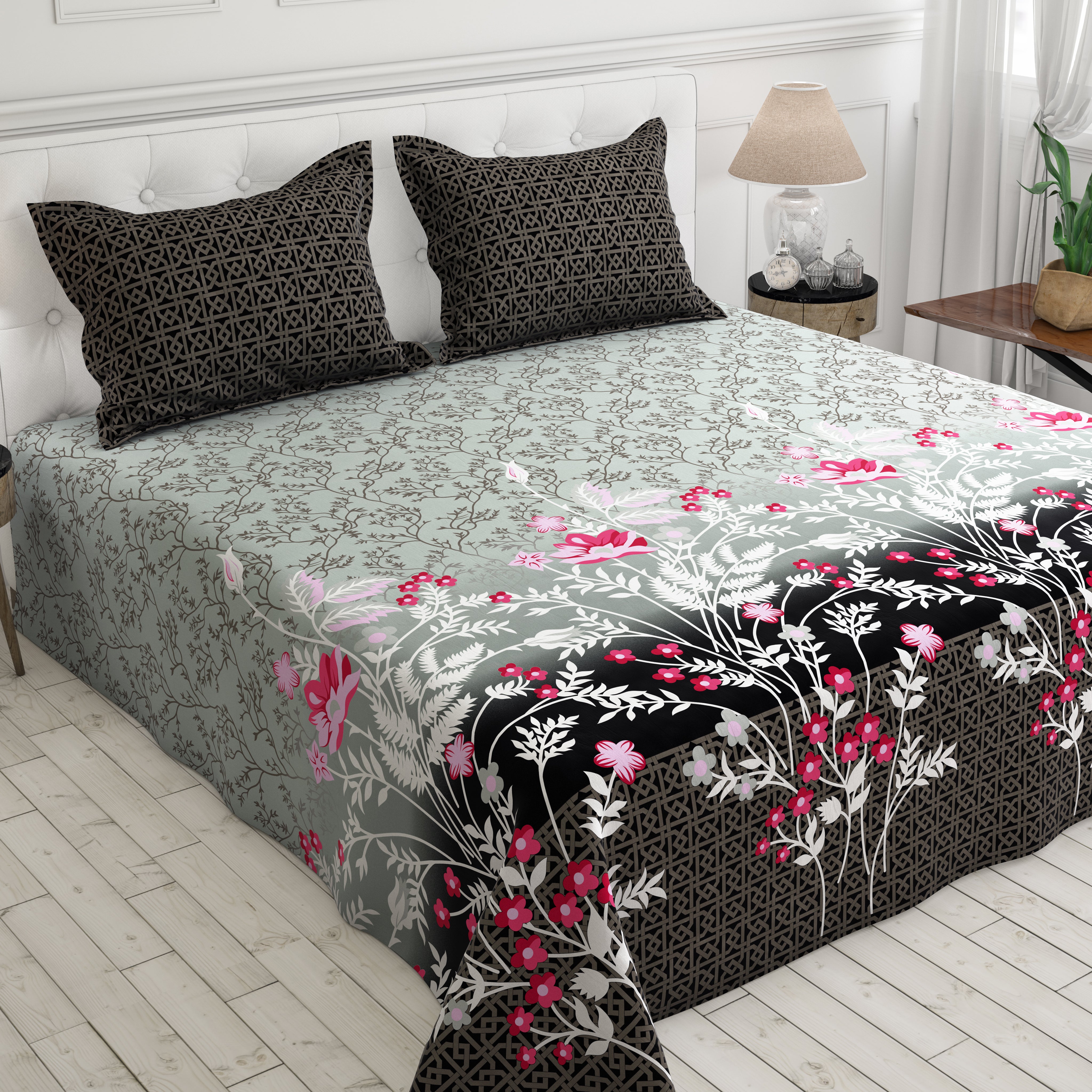 Xara Grey/Black Floral Geometric Bed Sheet Set - 8046-8047