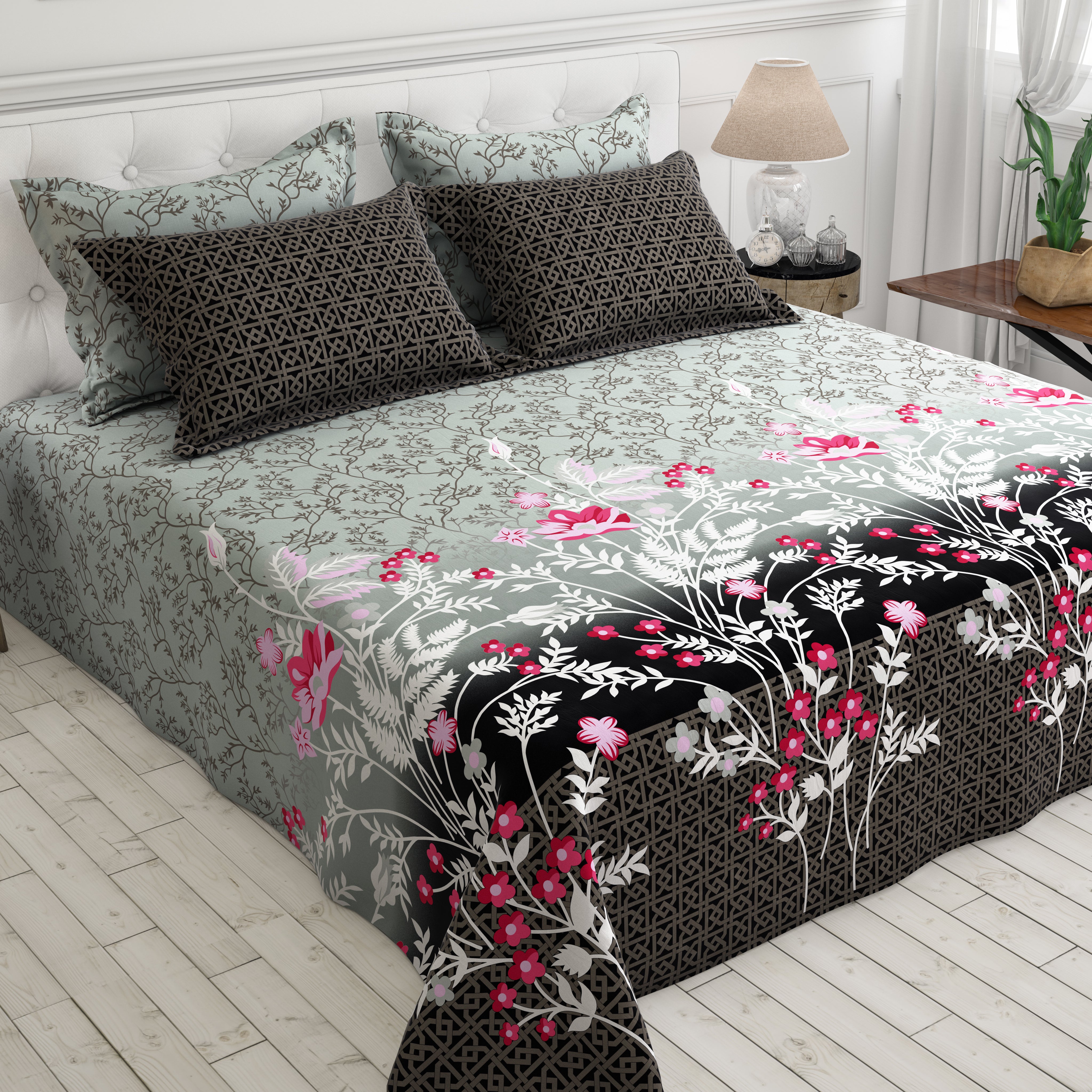 Xara Grey/Black Floral Geometric Bed Sheet Set - 8046-8047