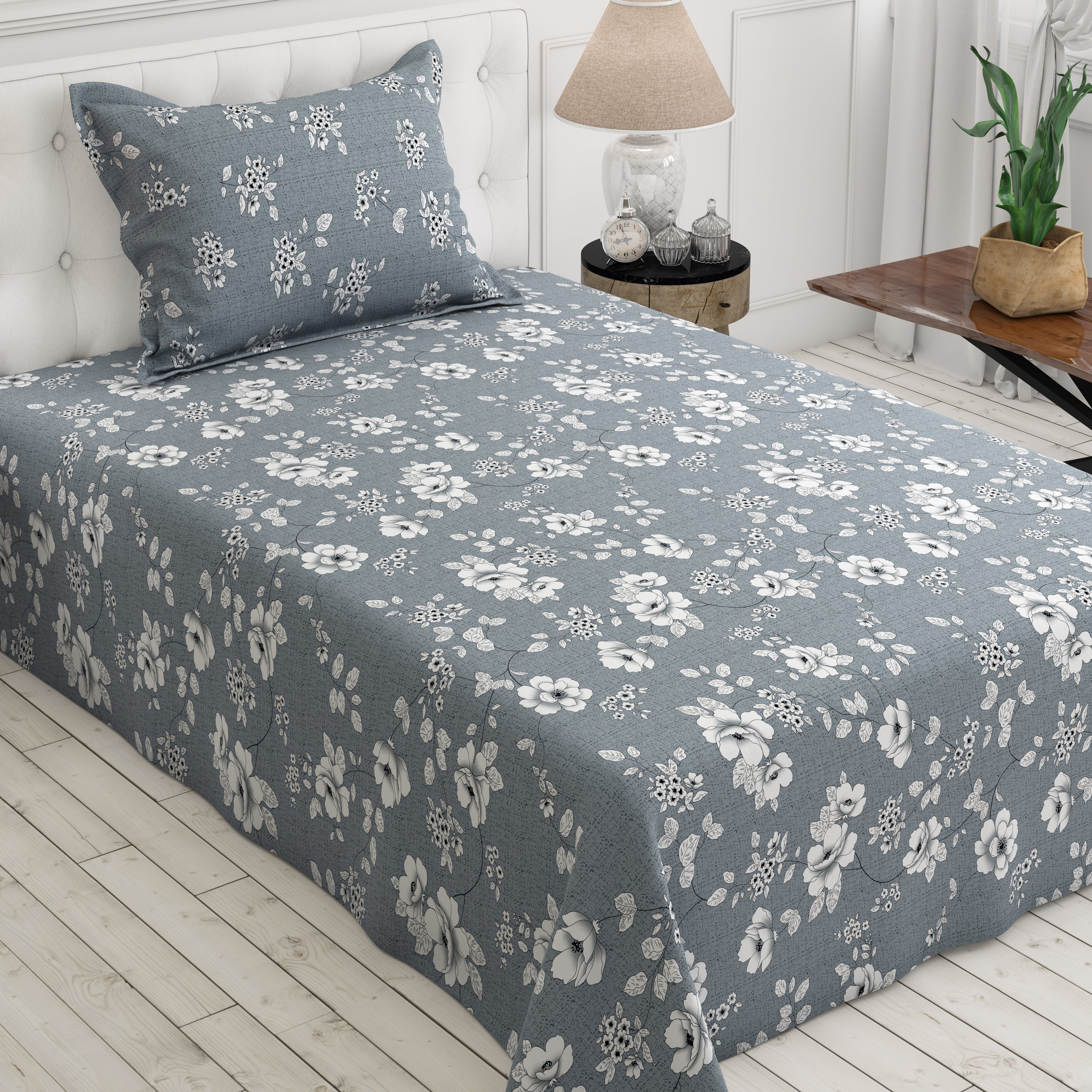 Xara Light Grey Floral Bed Sheet Set - 8050-8057