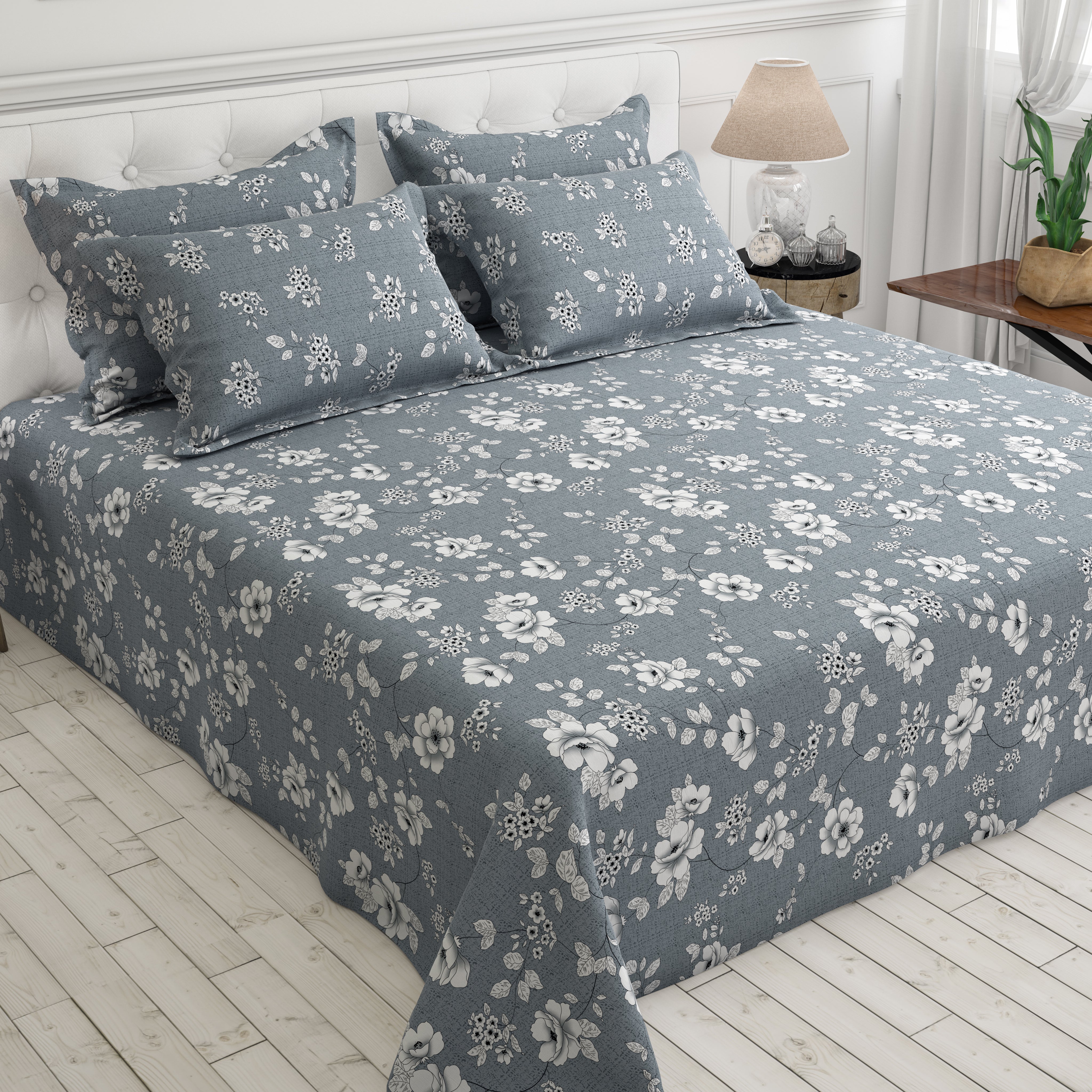 Xara Light Grey Floral Bed Sheet Set - 8050-8057