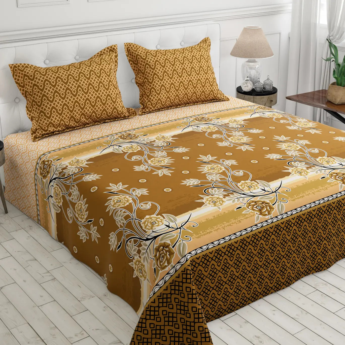 Xara Brown Golden Floral Bed Sheet Set with Geometric Border and Zigzag Pillows - 8058-8059