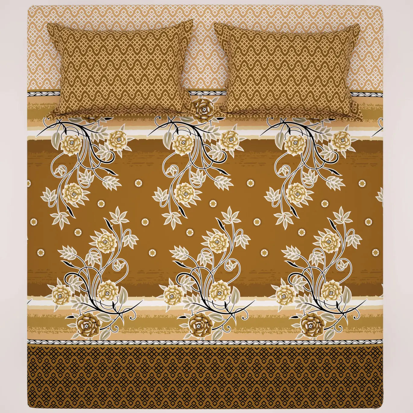 Xara Brown Golden Floral Bed Sheet Set with Geometric Border and Zigzag Pillows - 8058-8059