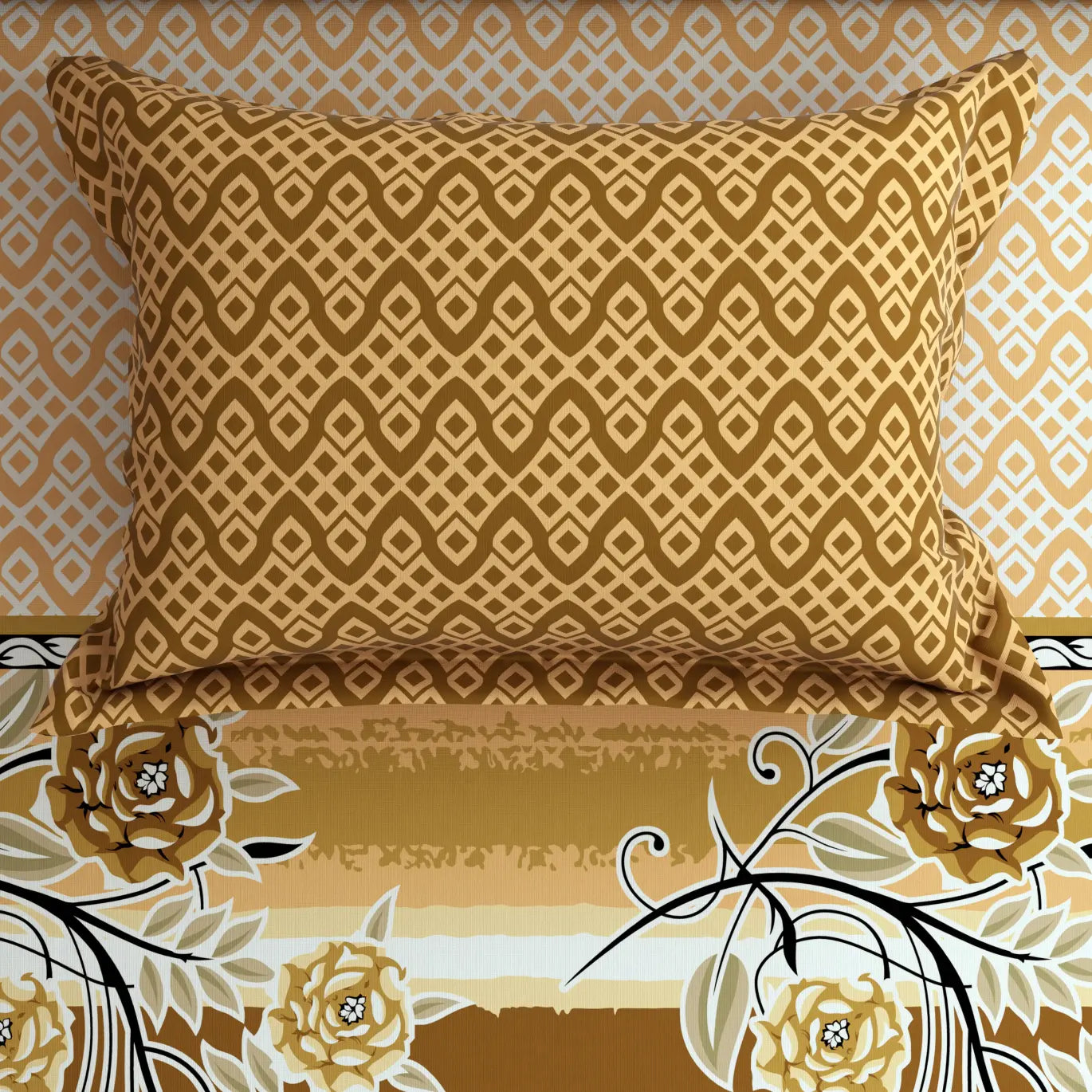 Xara Brown Golden Floral Bed Sheet Set with Geometric Border and Zigzag Pillows - 8058-8059