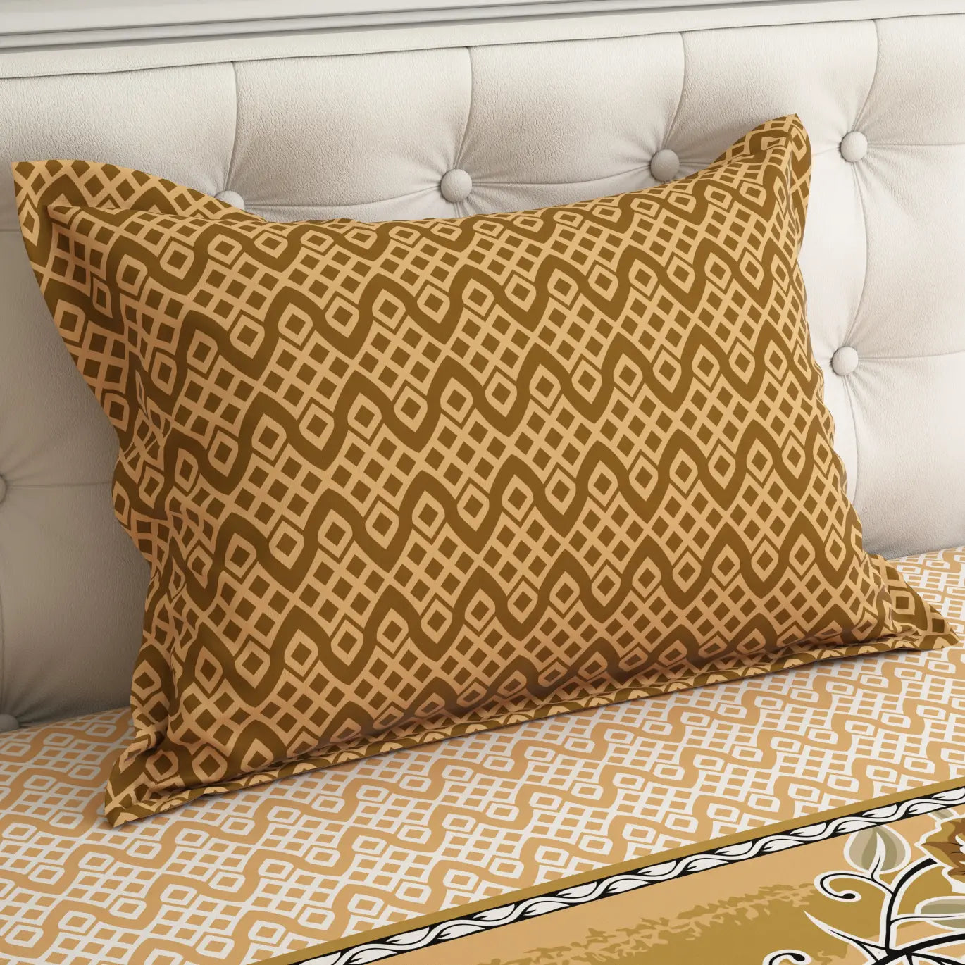 Xara Brown Golden Floral Bed Sheet Set with Geometric Border and Zigzag Pillows - 8058-8059