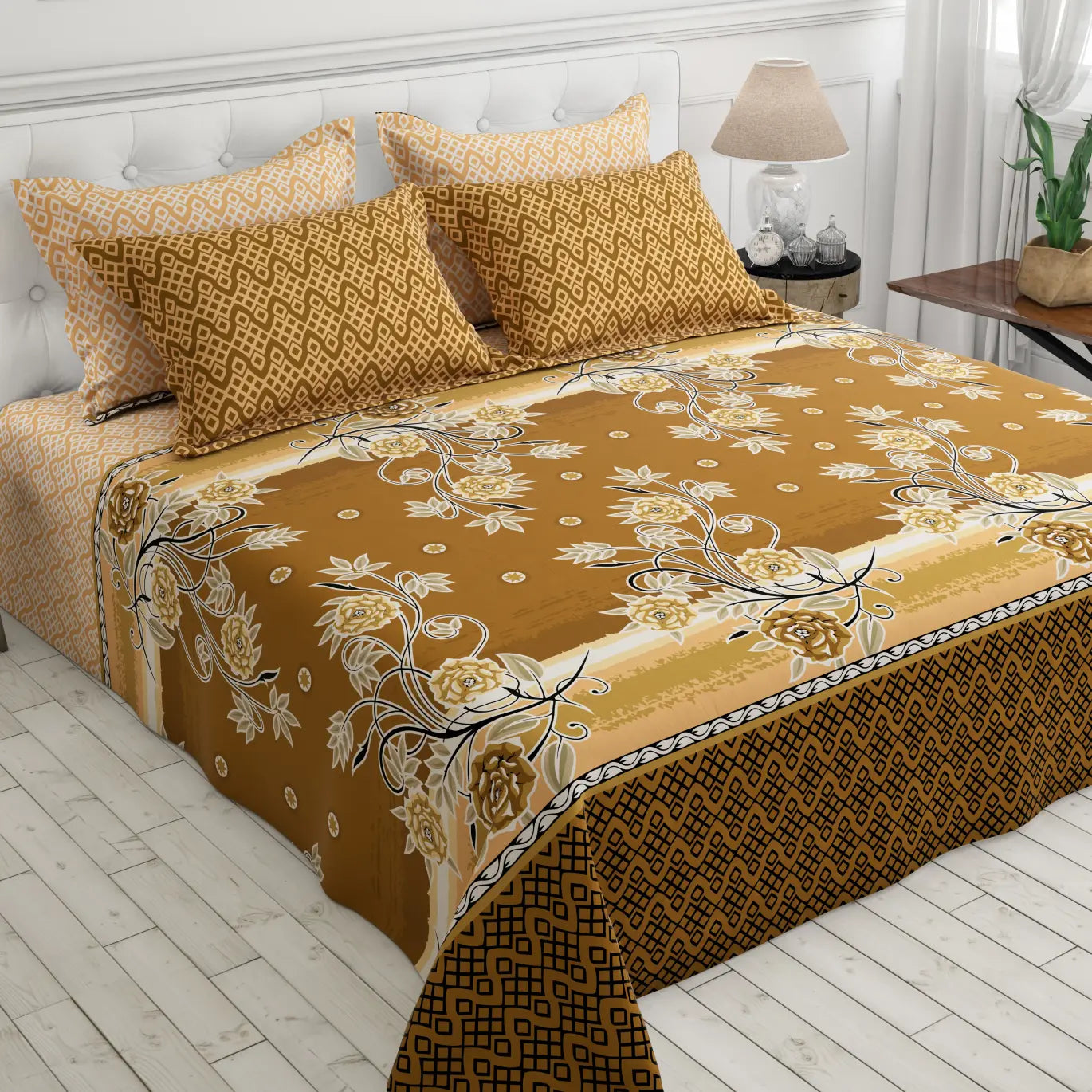 Xara Brown Golden Floral Bed Sheet Set with Geometric Border and Zigzag Pillows - 8058-8059