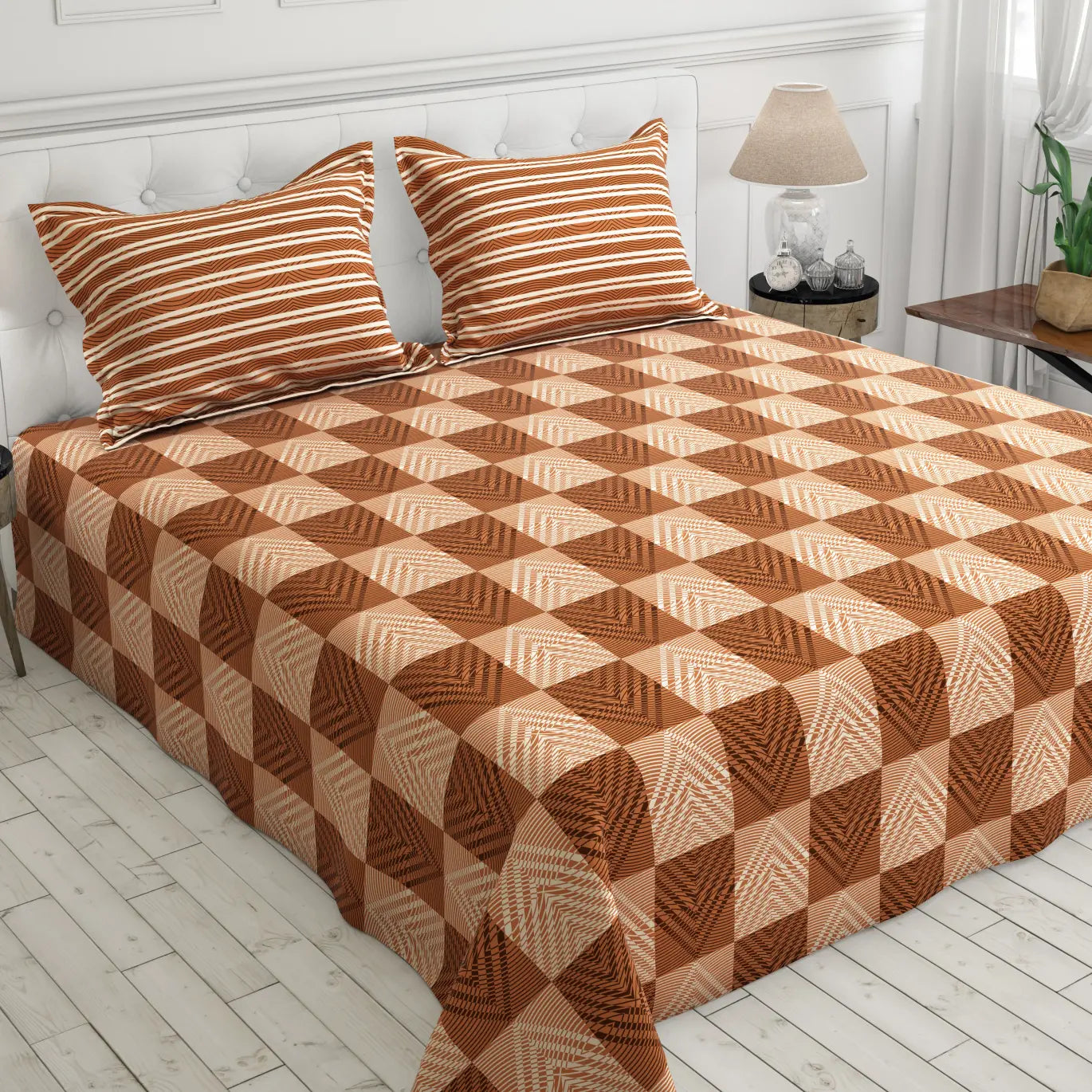 Xara Peach Orange Geometric Bed Sheet Set with Striped Pillows - 8060-8061