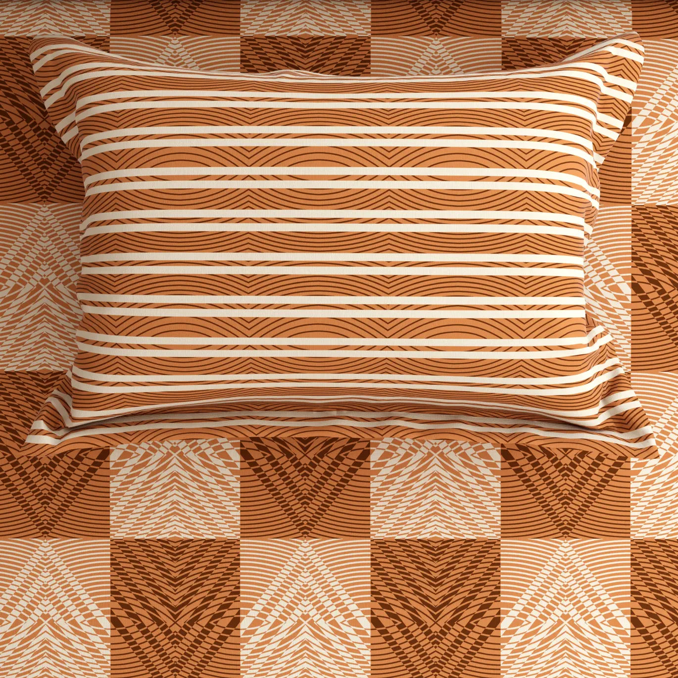 Xara Peach Orange Geometric Bed Sheet Set with Striped Pillows - 8060-8061