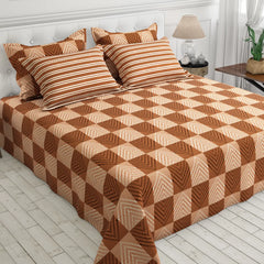 Xara Peach Orange Geometric Bed Sheet Set with Striped Pillows - 8060-8061