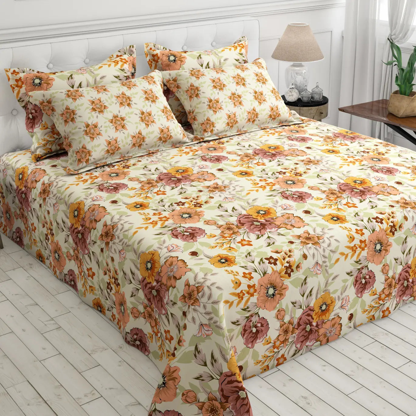 Xara Offwhite Floral Bed Sheet Set - 8090-8100