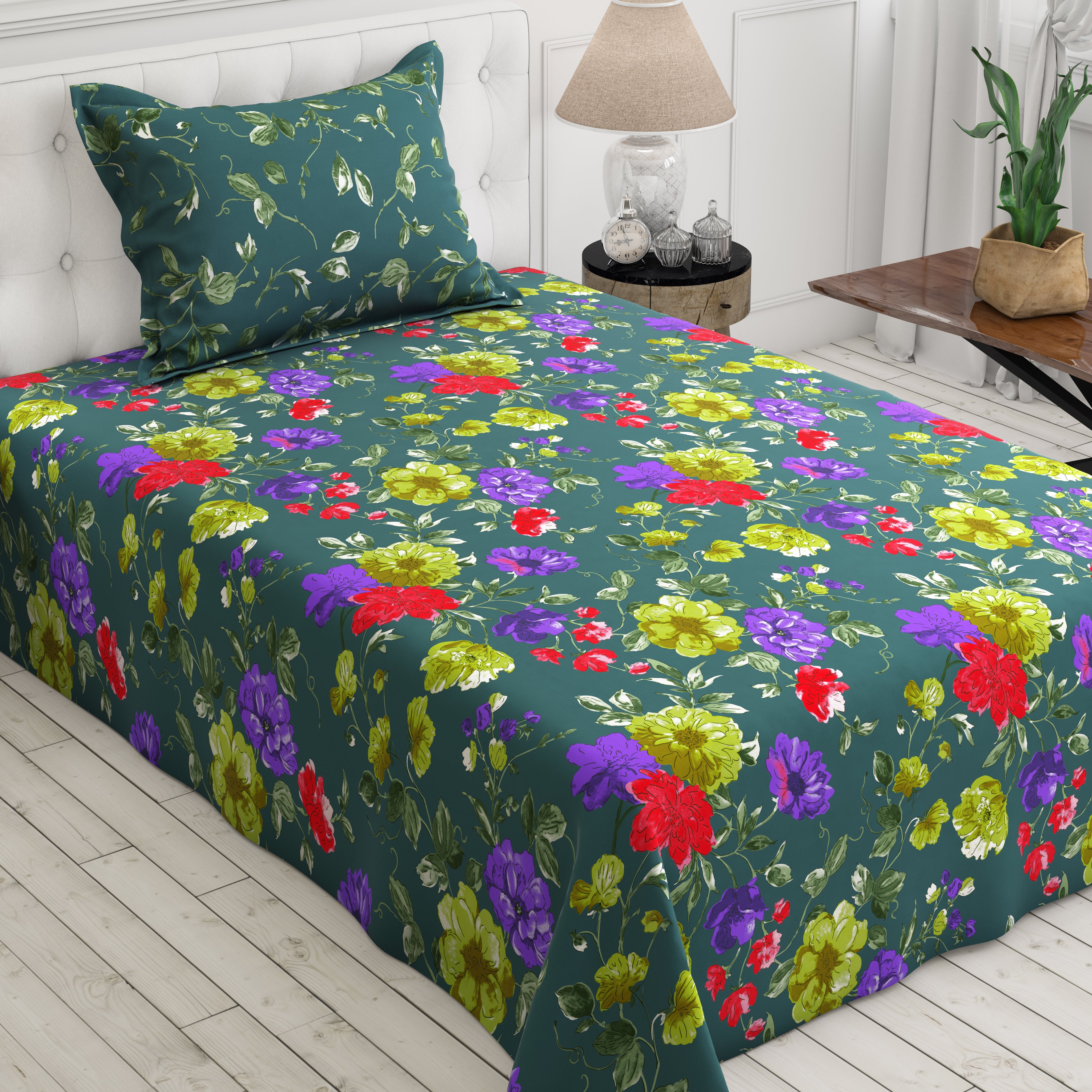 Xara Green Floral Bed Sheet Set - 8094-8099