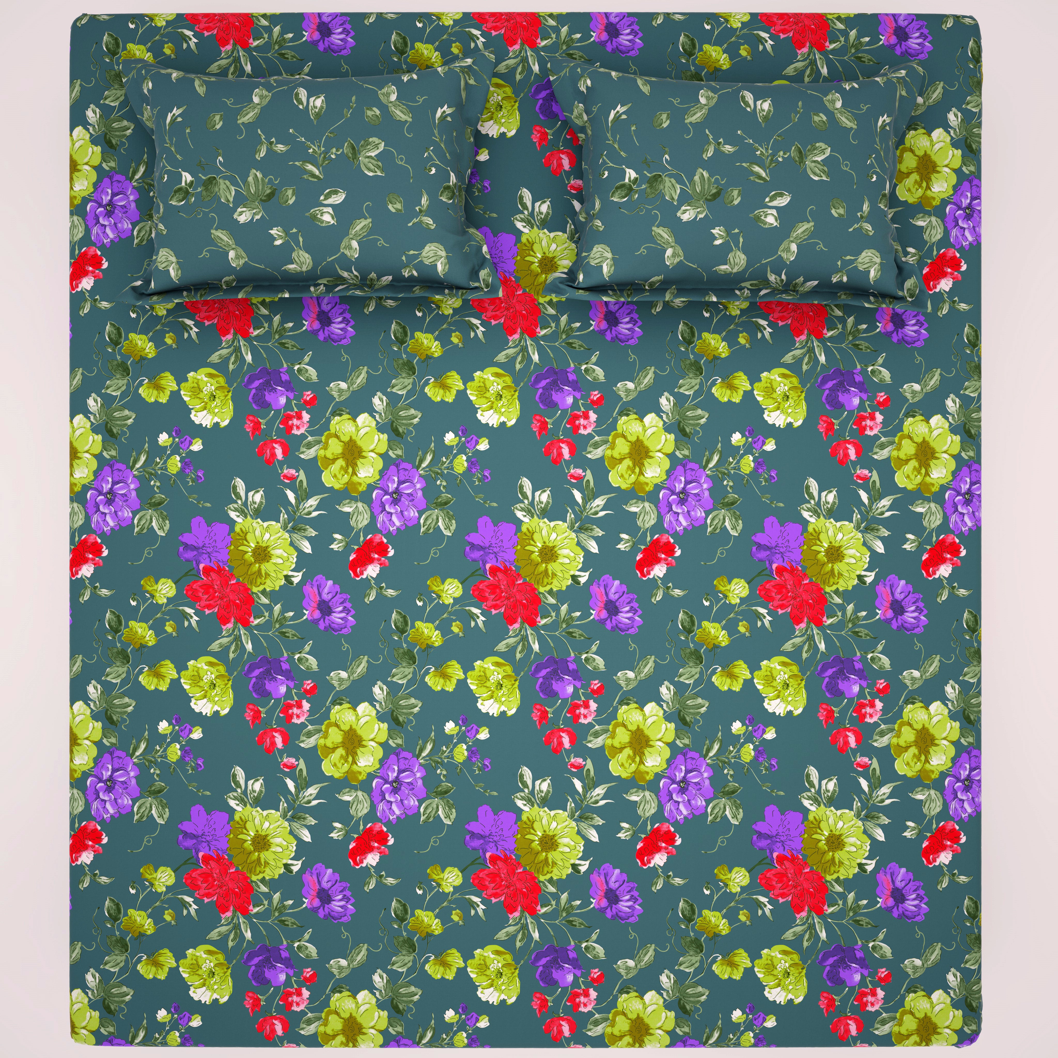 Xara Green Floral Bed Sheet Set - 8094-8099