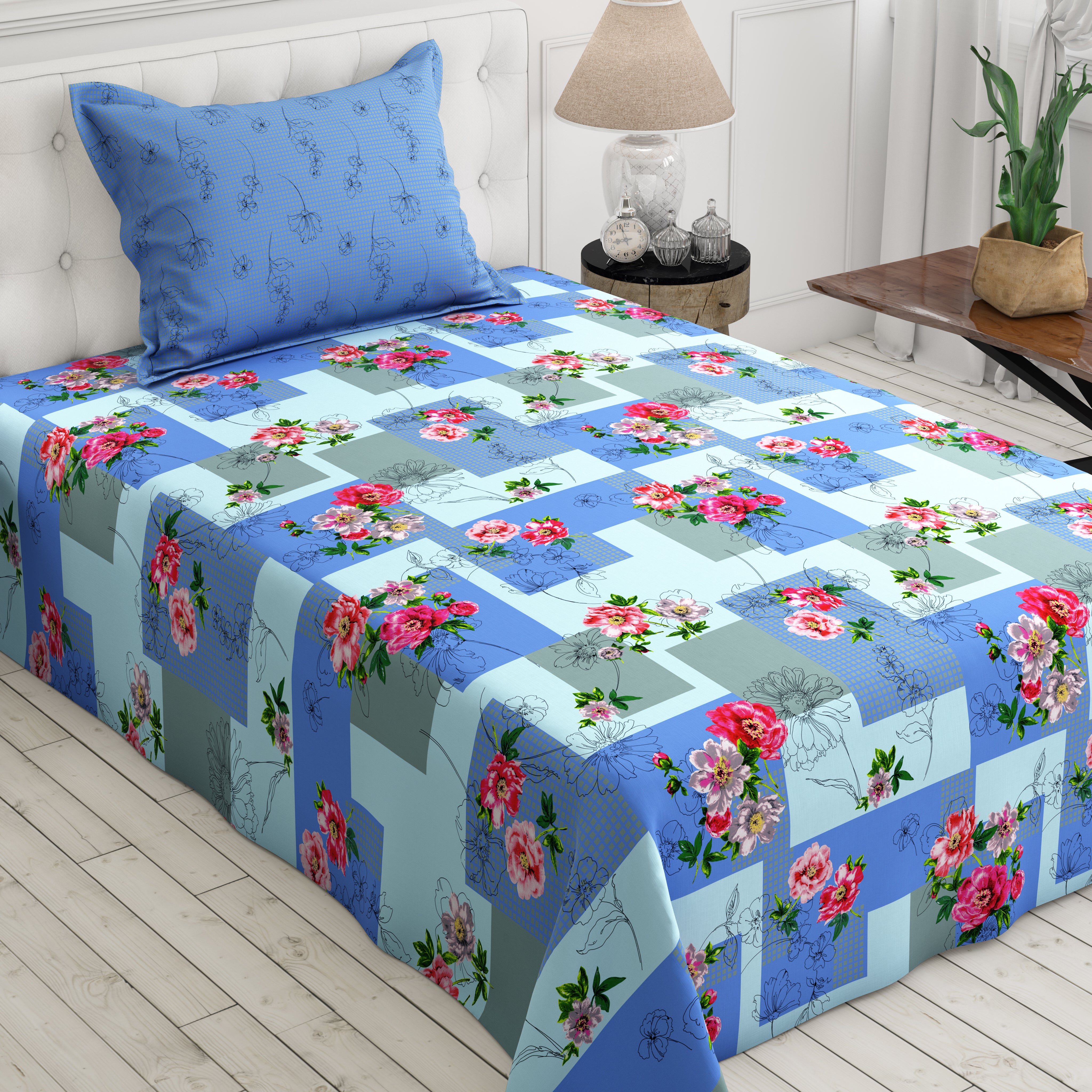 Xara Blue Floral Geometric Grid Bed Sheet Set - 8120-8121