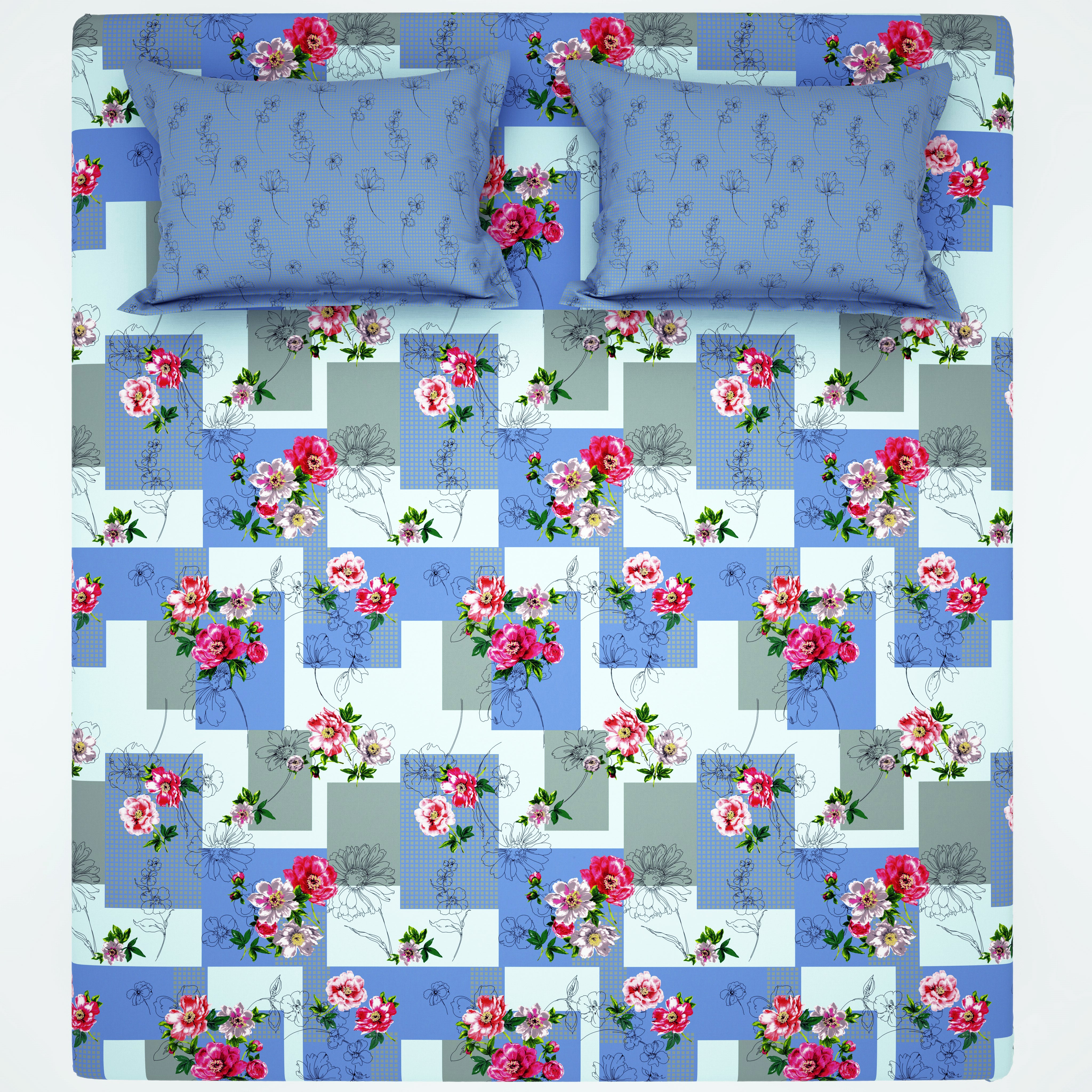 Xara Blue Floral Geometric Grid Bed Sheet Set - 8120-8121