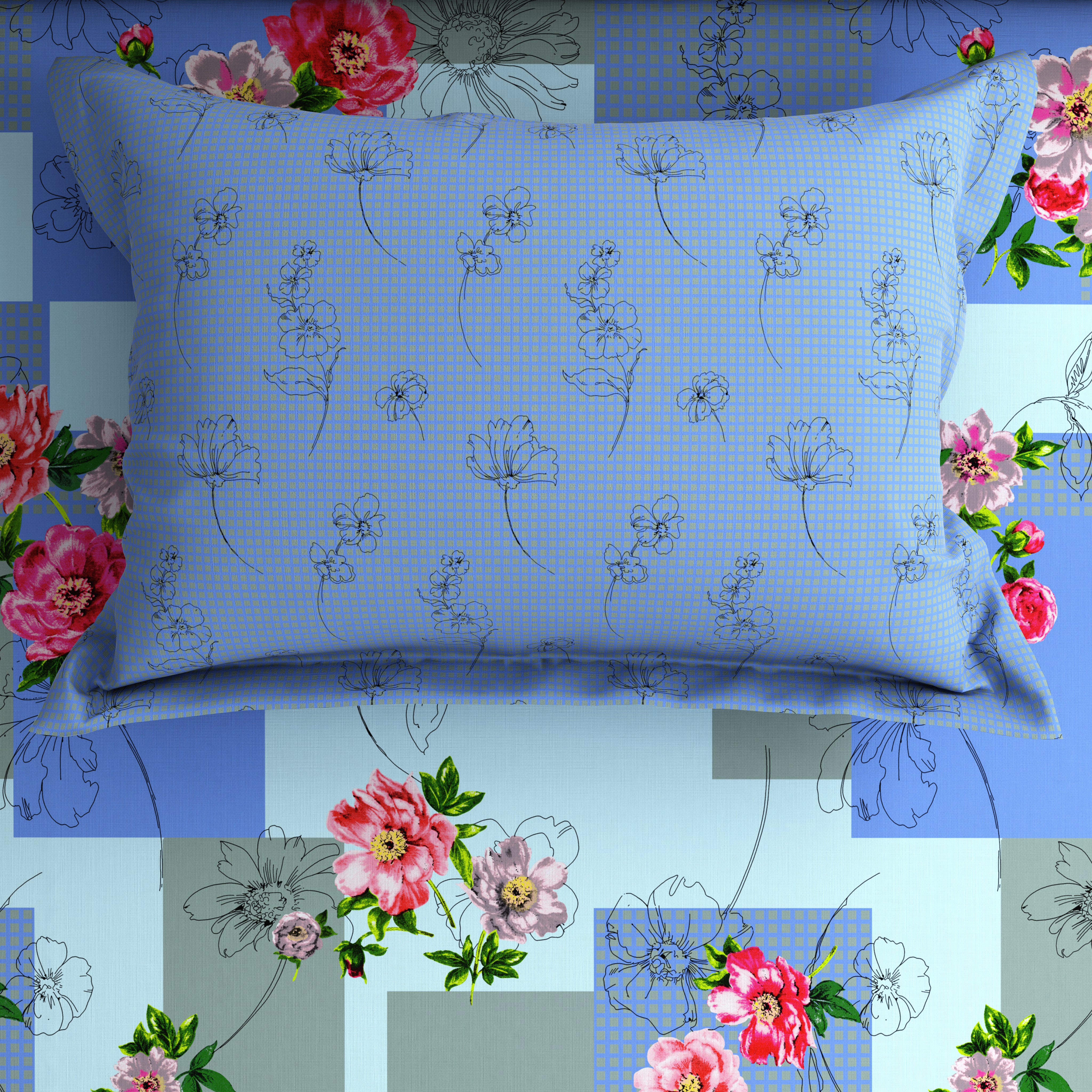 Xara Blue Floral Geometric Grid Bed Sheet Set - 8120-8121