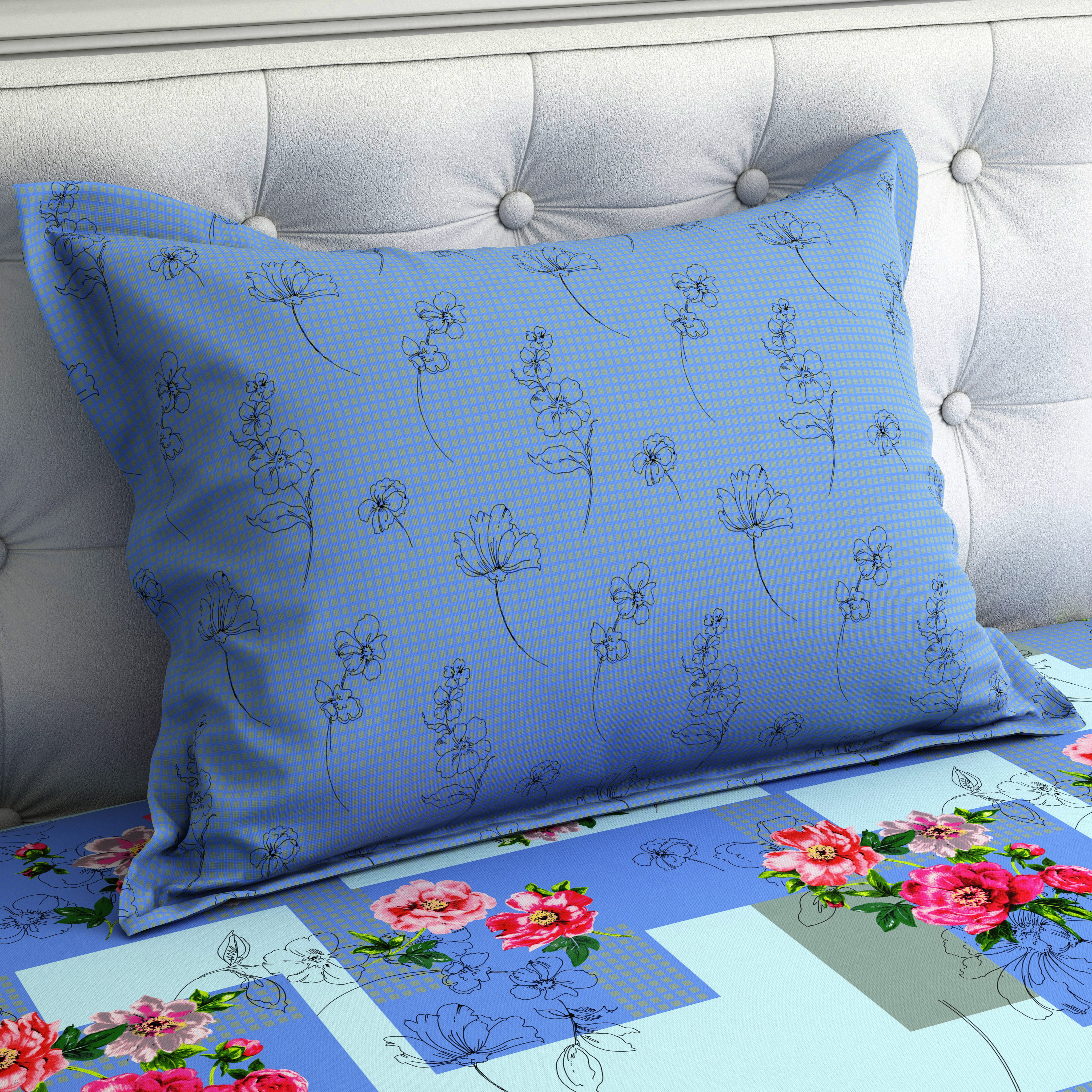 Xara Blue Floral Geometric Grid Bed Sheet Set - 8120-8121